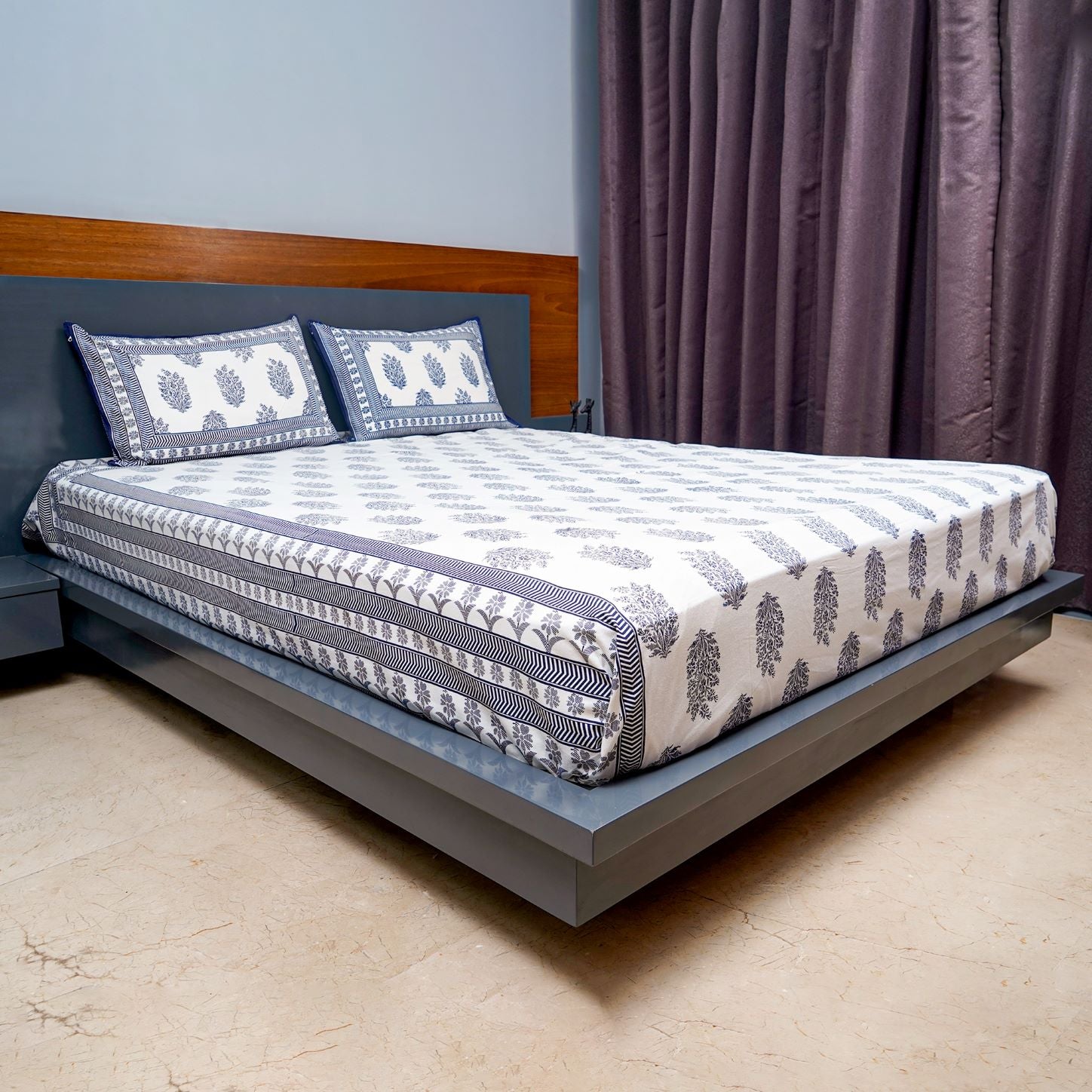 Inizio Queen Size Rajasthani Jaipuri Sanganeri Block Printed Flat Bedsheet with 2 Pillow Covers Pure Cotton 220 Thread Count Extra Soft Traditional & Durable Fabric
