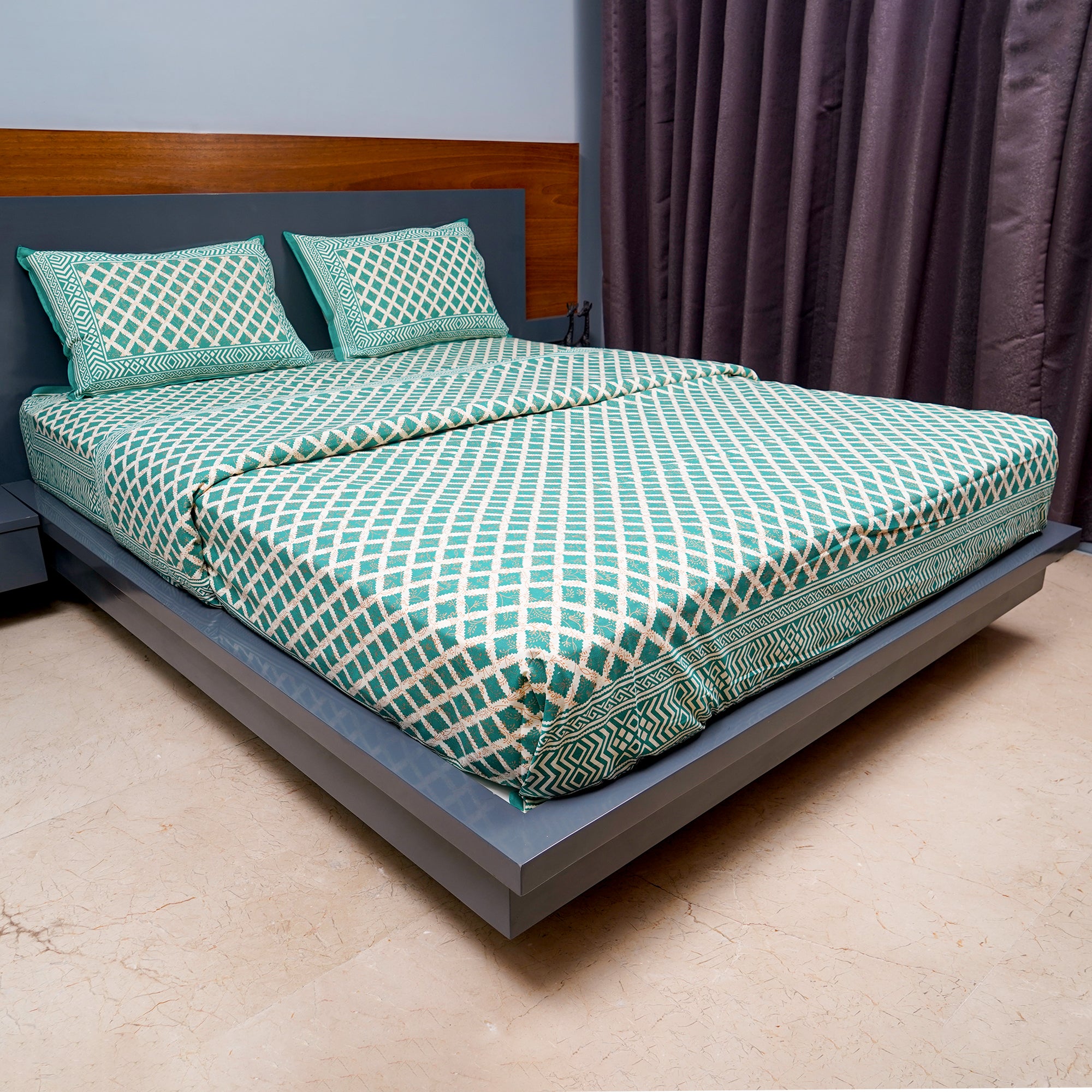 Inizio Jaipuri Sanganeri Hand Block Printed Queen Size Bedsheet with Two Matching Pillow Covers Breathable Cotton Fabric Flat Bedsheets for Comfortable Sleep