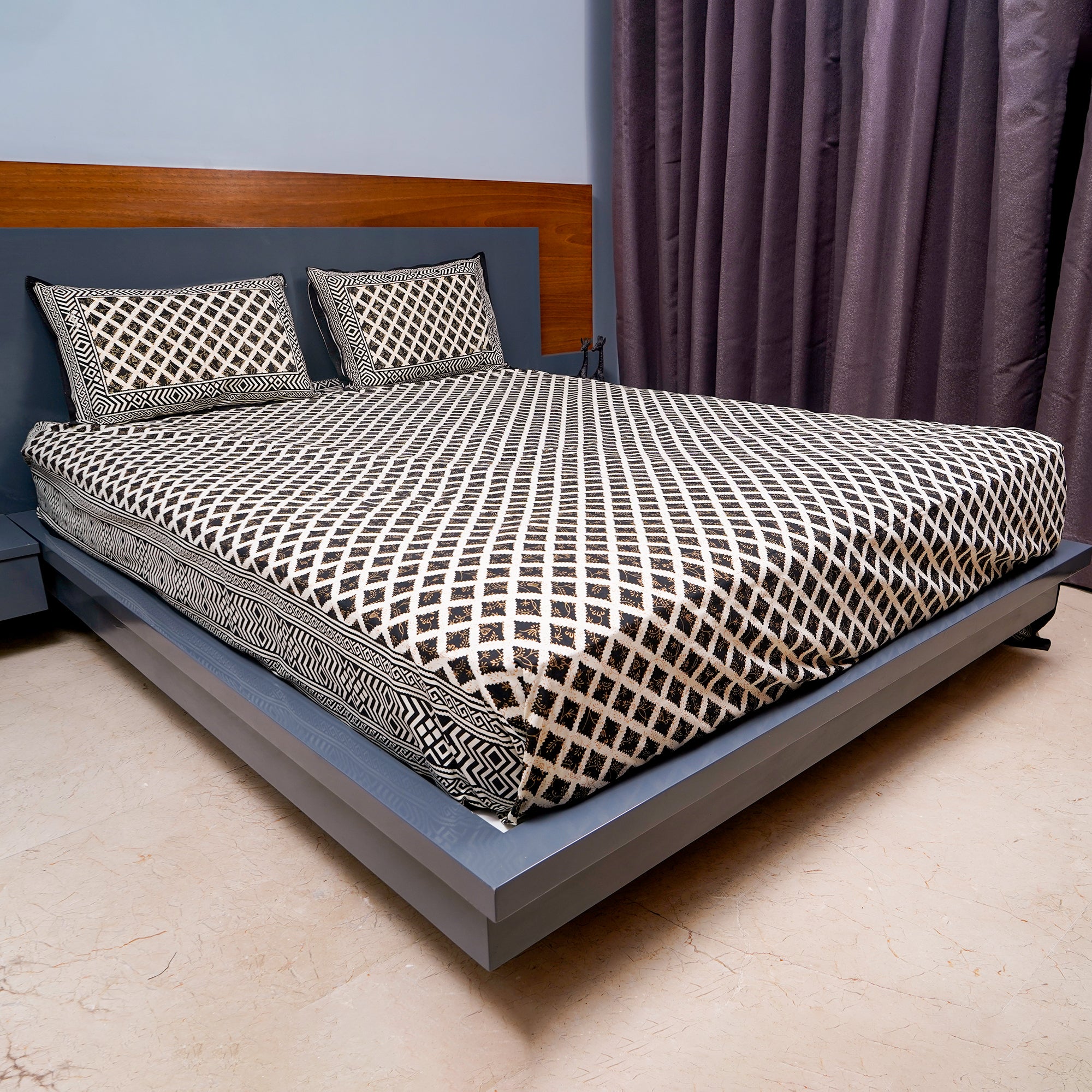 Inizio Rajasthani Sanganeri Hand Block Printed Queen Size Bedsheet with Two Matching Pillow Covers Natural Cotton Comfortable Sleep Flat Bedsheets Color – Black