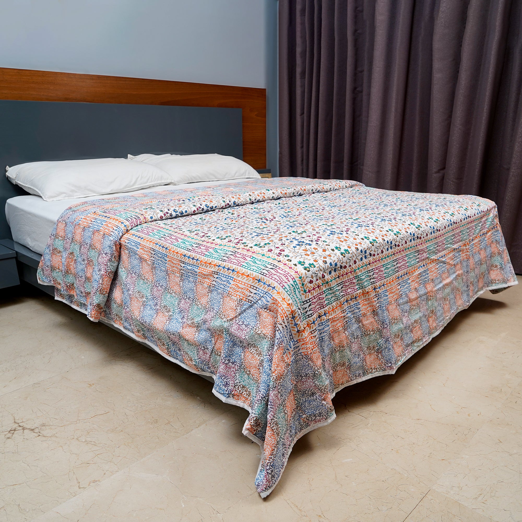 Inizio Cotton Soft Rajasthani Jaipuri Printed Dohar for Queen Size Bed, Lightweight and Comfortable Blanket for Bedroom, Living Room, or Gift (White Base with Multicolor)