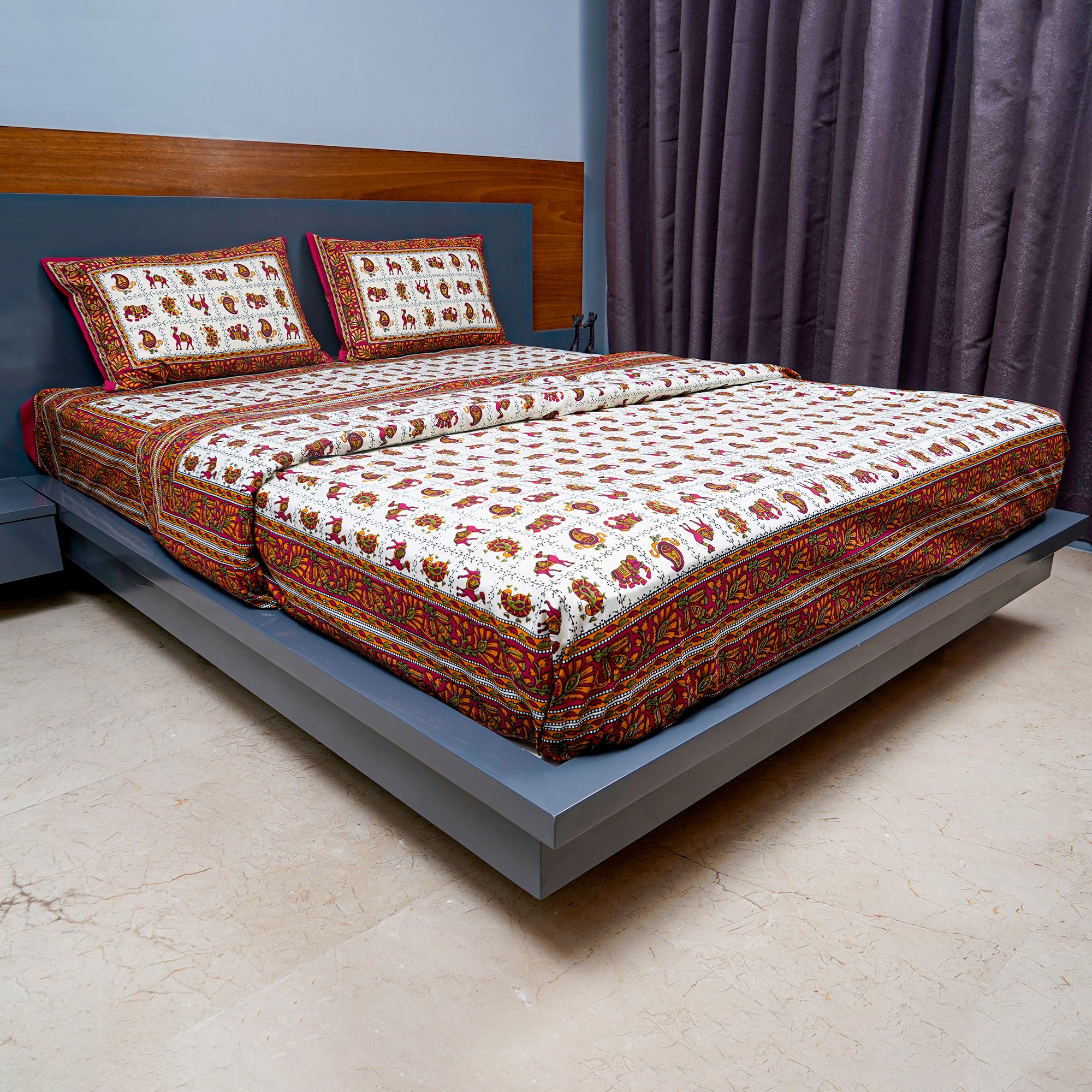 Inizio Rajasthani Traditional Sanganeri Camel Printed Queen Size Bedsheet with 2 Pillowcases Pure Cotton Ultra Soft Comfortable & Family Bedsheets 220 Thread Count Color – Multicolour