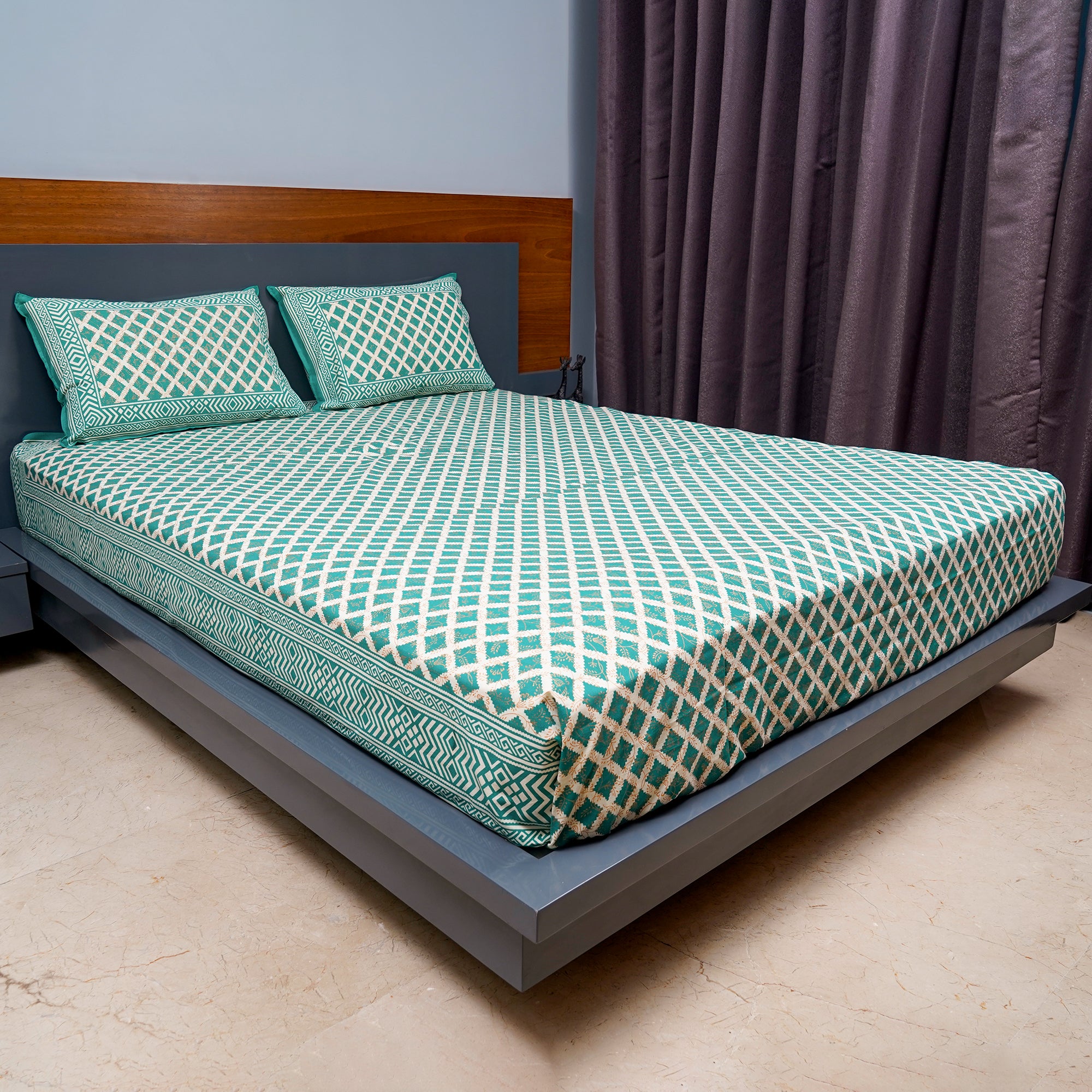 Inizio Jaipuri Sanganeri Hand Block Printed Queen Size Bedsheet with Two Matching Pillow Covers Breathable Cotton Fabric Flat Bedsheets for Comfortable Sleep
