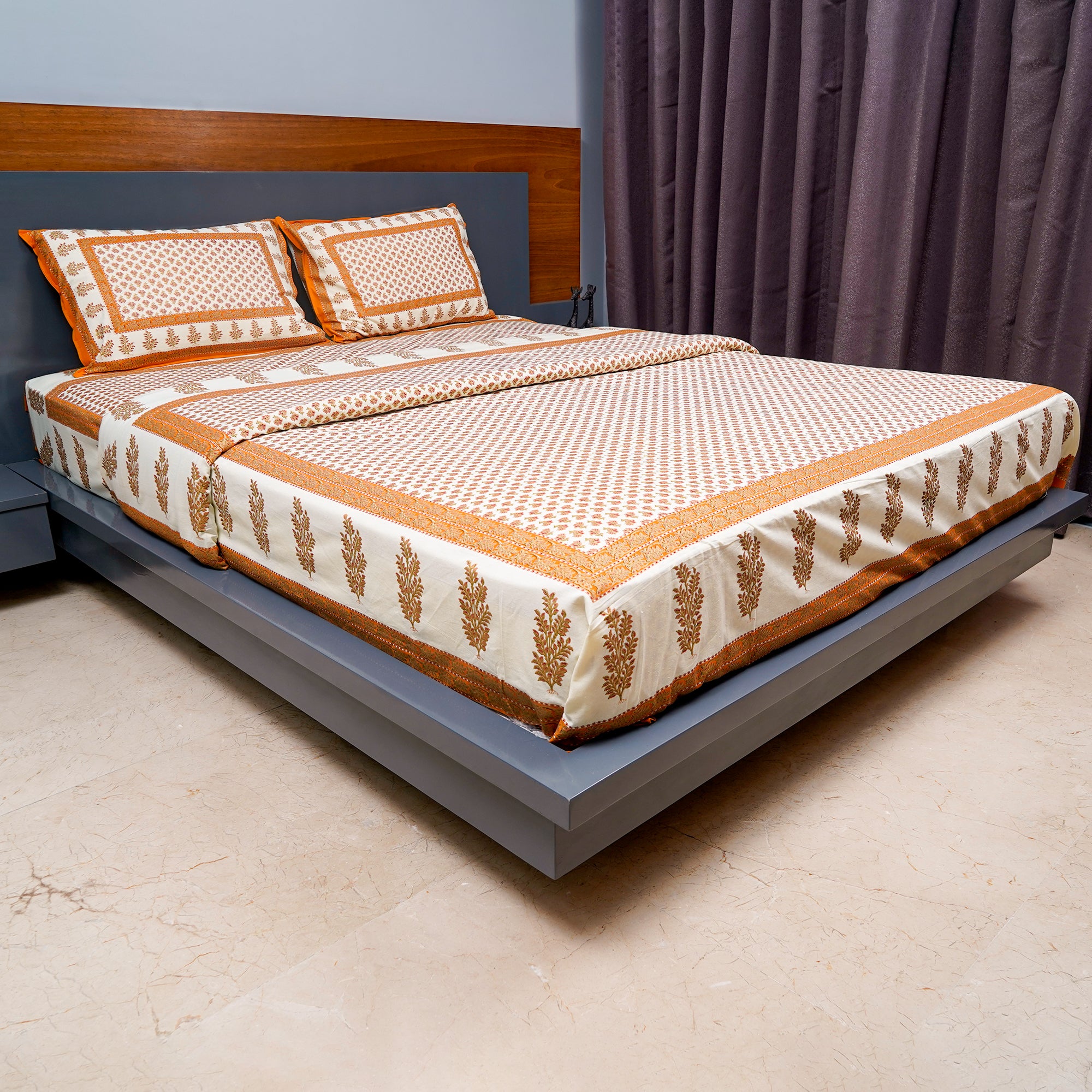 Inizio Rajasthani Sanganeri Bagru Floral Printed Queen Size Bedsheet Along with 2 Super Soft Pillow Covers Pure Cotton Skin Friendly Ethnic Jaipuri Design Combo of Cream & Mustard