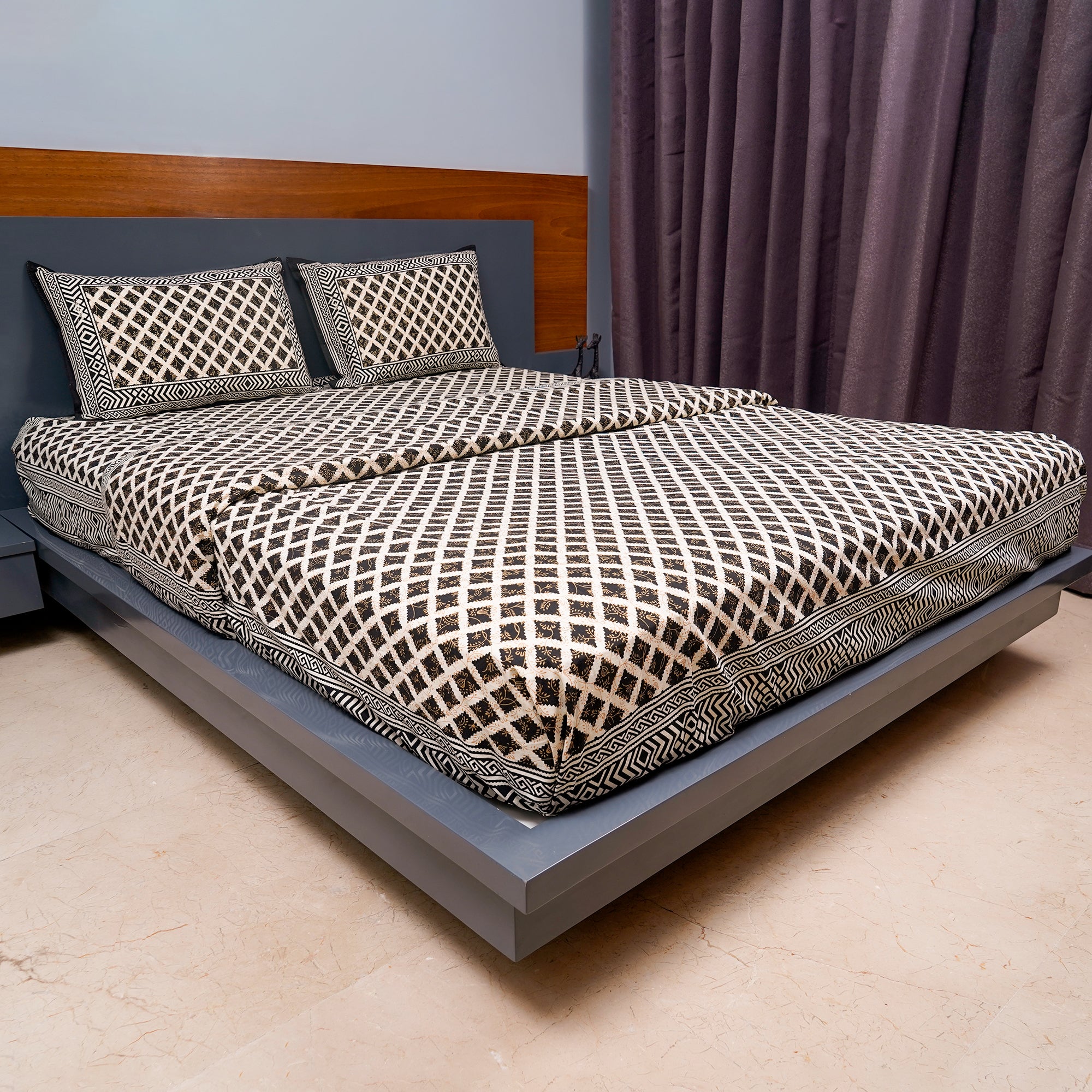 Inizio Rajasthani Sanganeri Hand Block Printed Queen Size Bedsheet with Two Matching Pillow Covers Natural Cotton Comfortable Sleep Flat Bedsheets Color – Black
