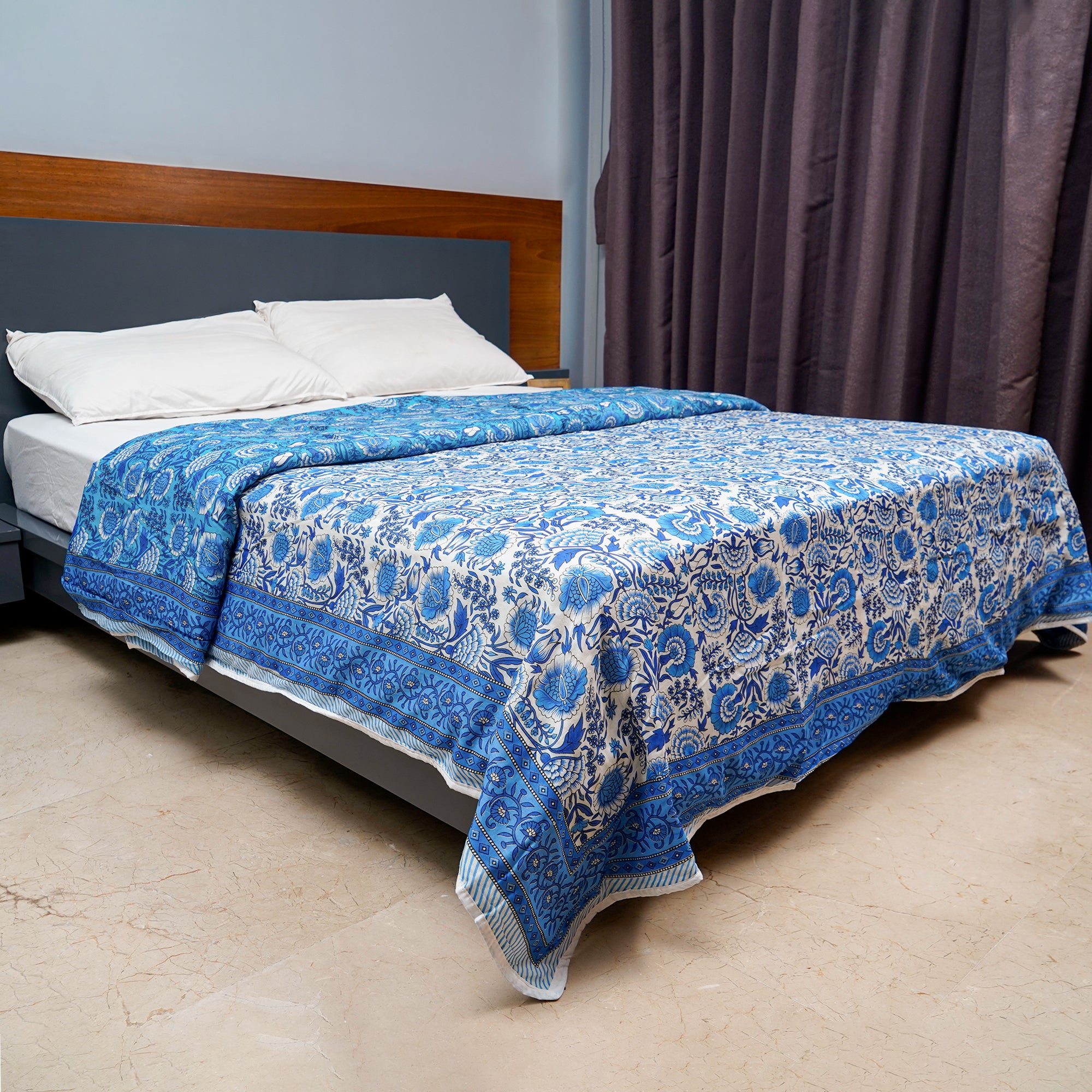 Inizio Cotton Soft Rajasthani Jaipuri Printed Reversible Dohar for Queen Size Bed, Lightweight Blanket for Bedroom, Living Room or Gift (Blue and White)