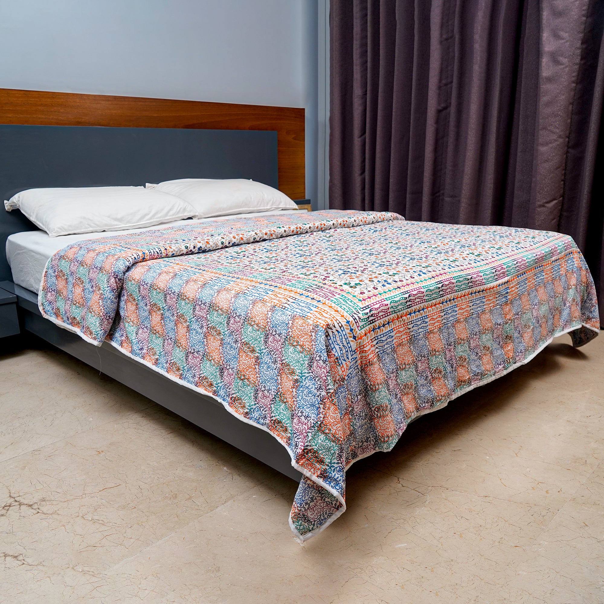 Inizio Cotton Soft Rajasthani Jaipuri Printed Dohar for Queen Size Bed, Lightweight and Comfortable Blanket for Bedroom, Living Room, or Gift (White Base with Multicolor)