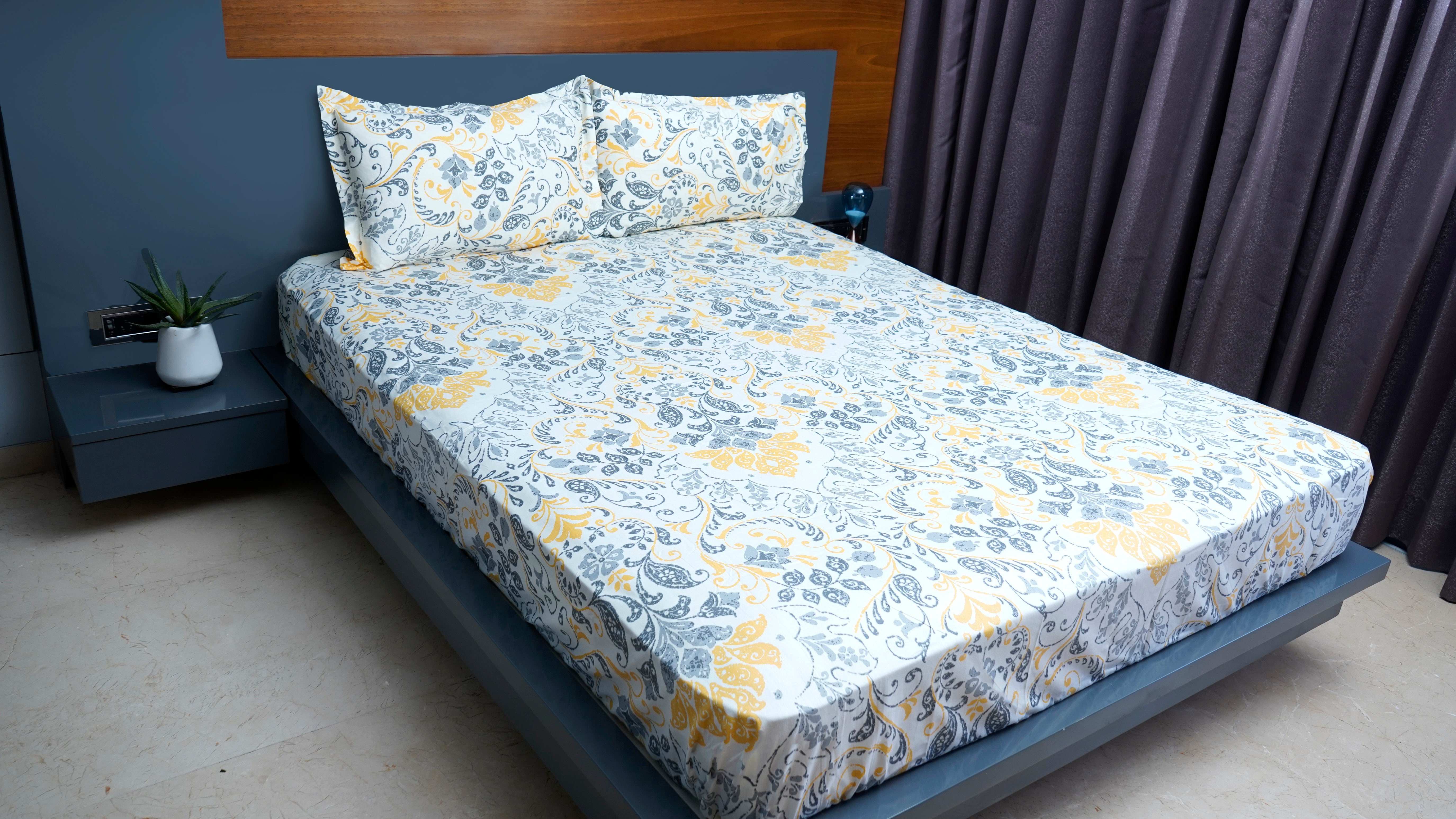 Off White with Grey & Yellow Floral 100% Cotton King Size Double Bedsheet with two pillow covers