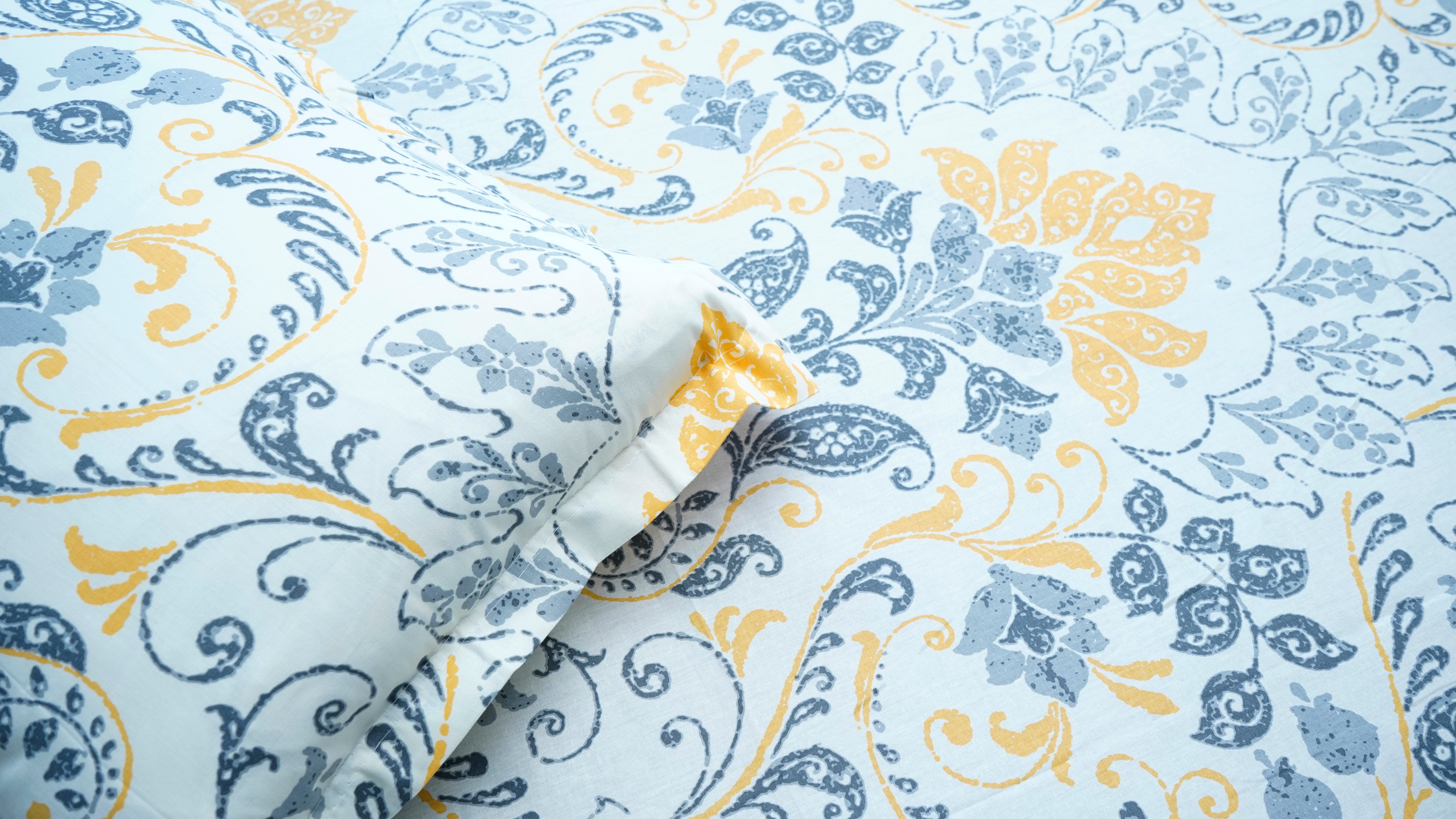 Off White with Grey & Yellow Floral 100% Cotton King Size Double Bedsheet with two pillow covers