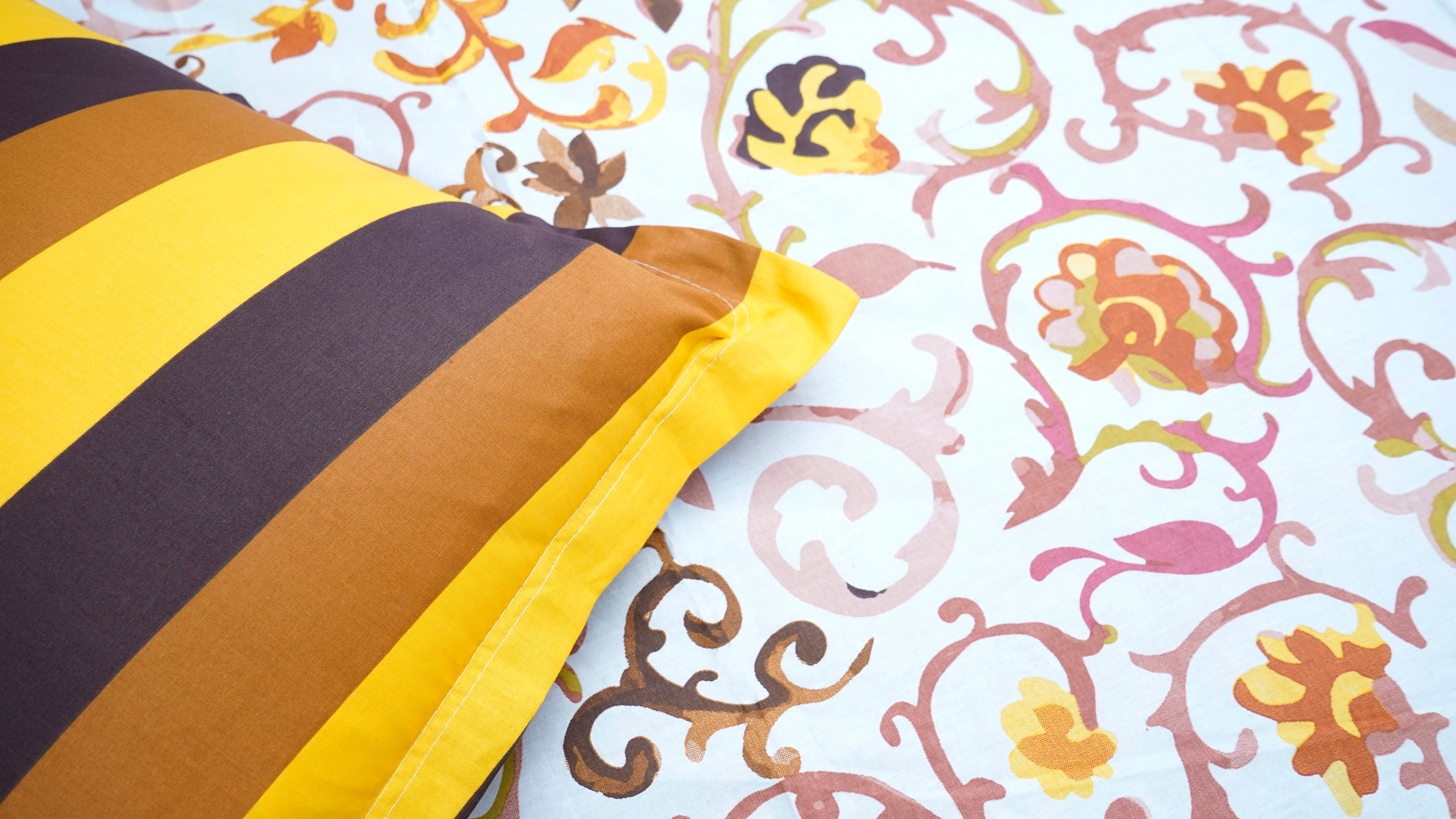 Floral Yellow Brown Stripes 100% Cotton King Size Bedsheets with two pillow covers