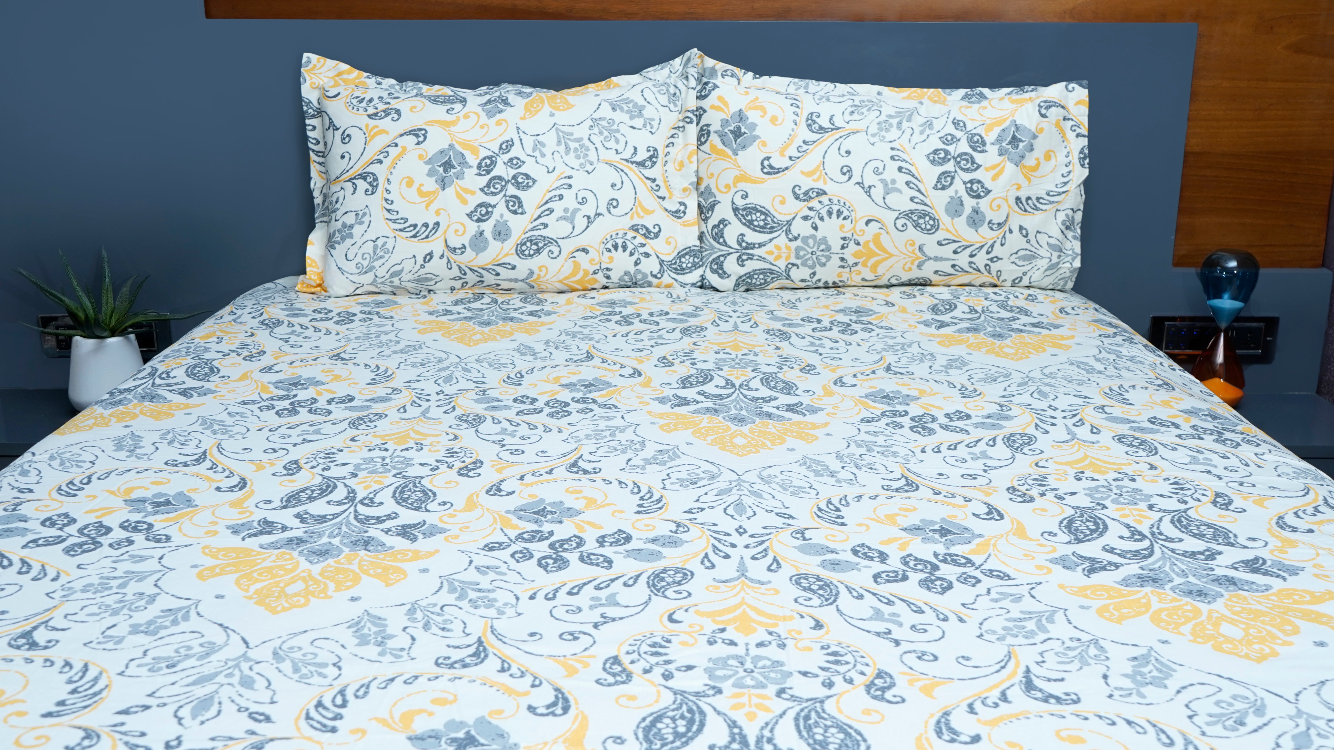 Off White with Grey & Yellow Floral 100% Cotton King Size Double Bedsheet with two pillow covers