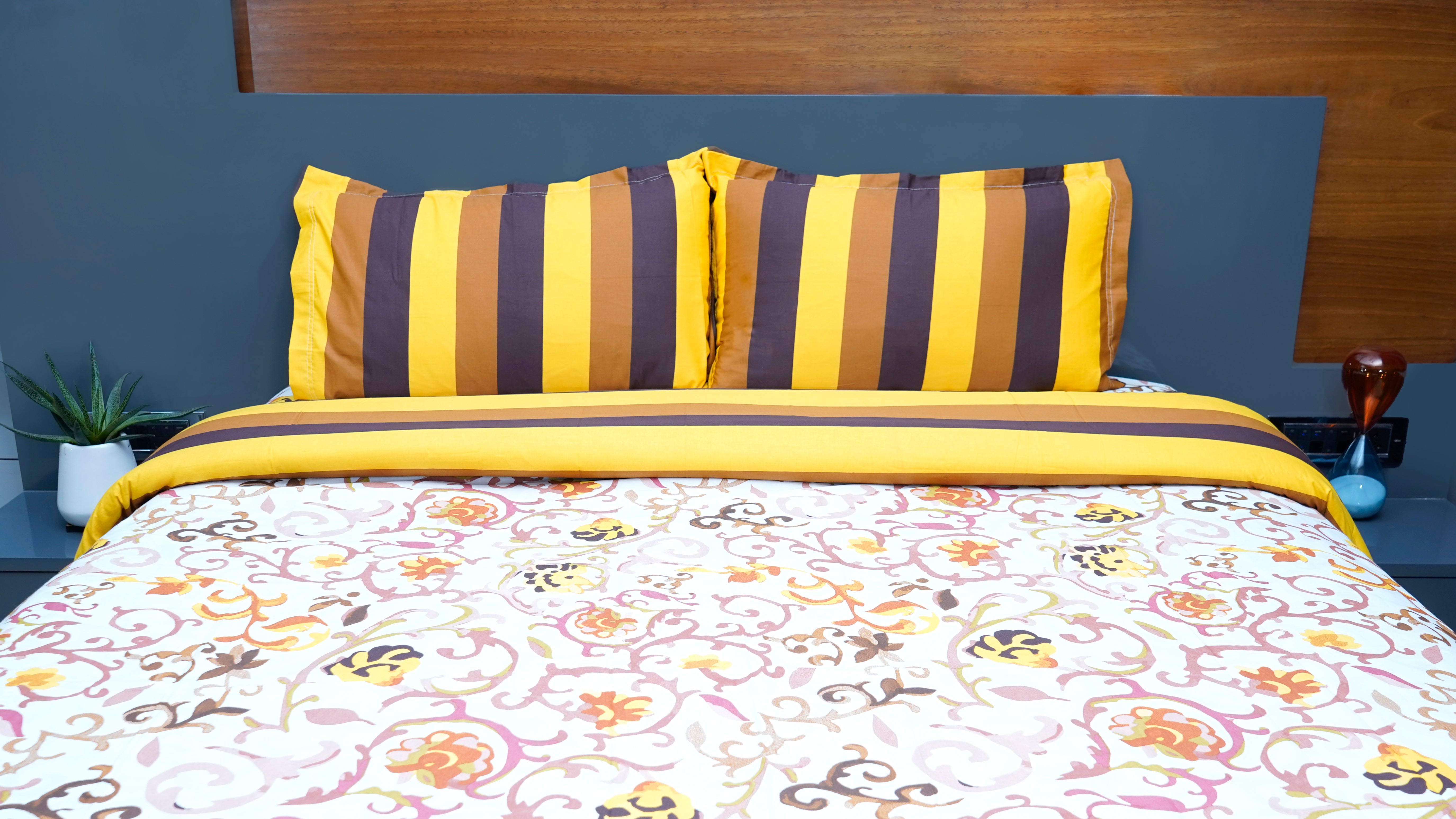 Floral Yellow Brown Stripes 100% Cotton King Size Bedsheets with two pillow covers