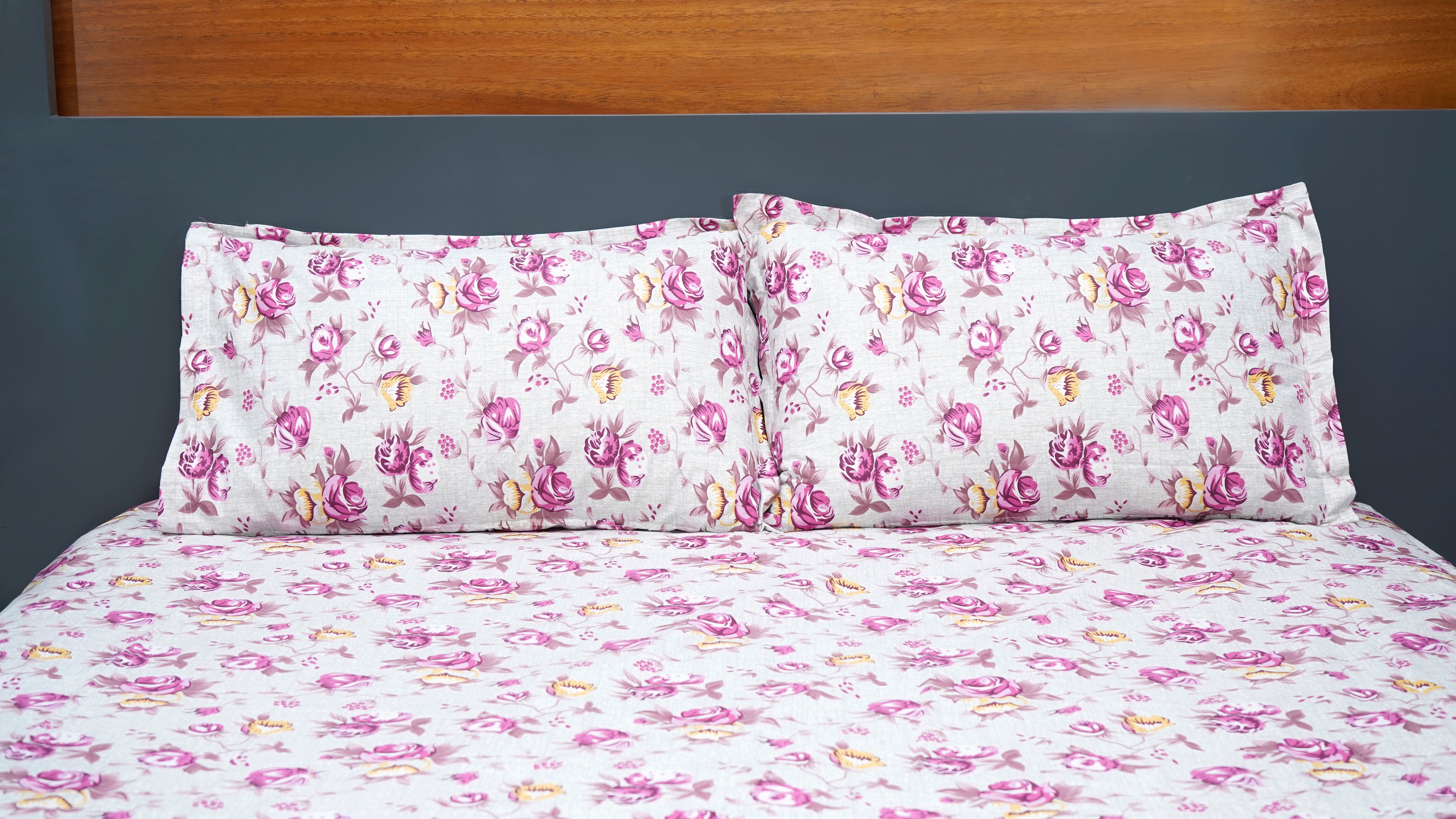 Light ash grey with Pink Rose Flower double bedsheet with pillow cover