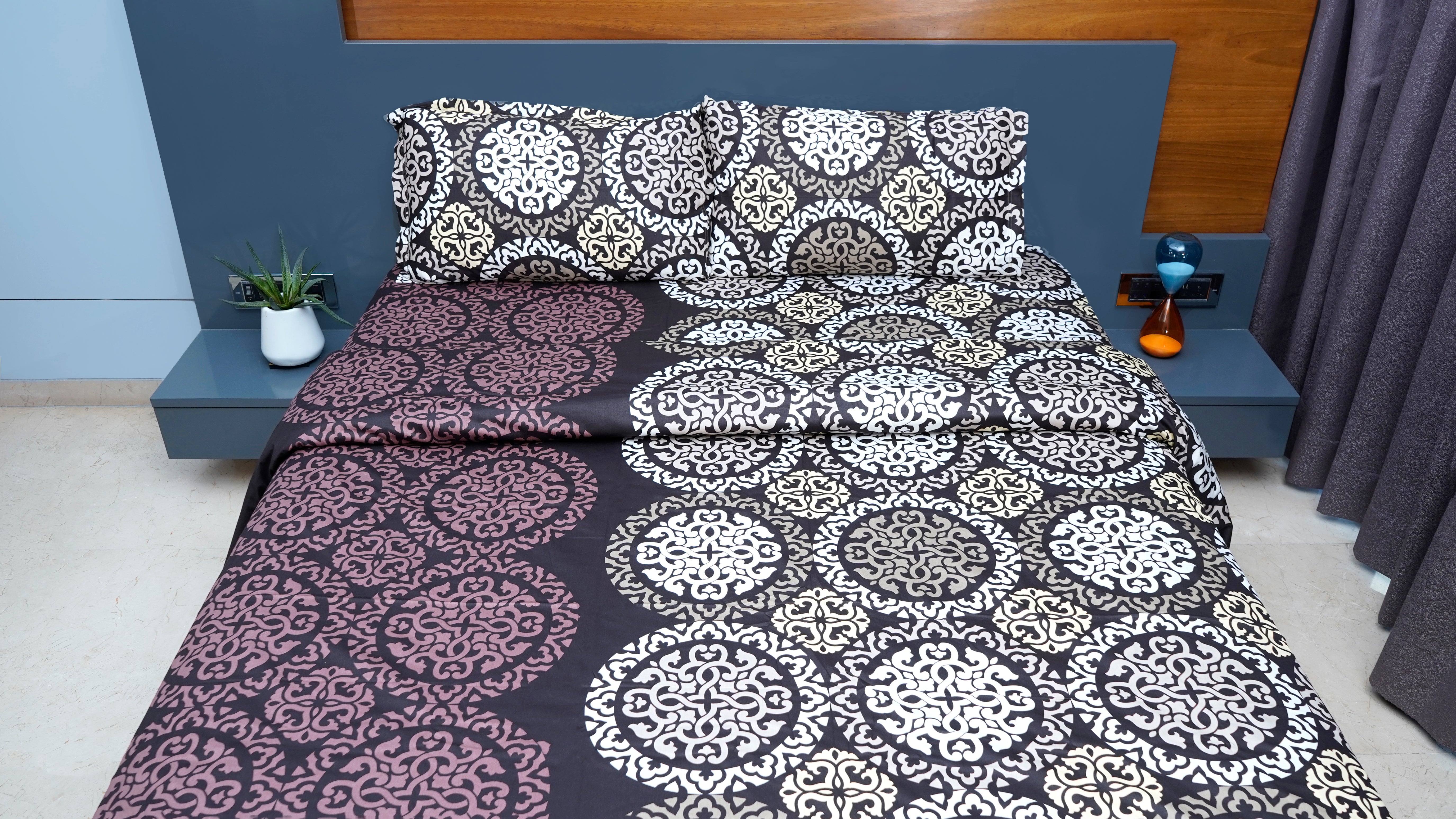Cream and Brown Circular Motif 100% Cotton King Size Double Bedsheet with two pillow covers