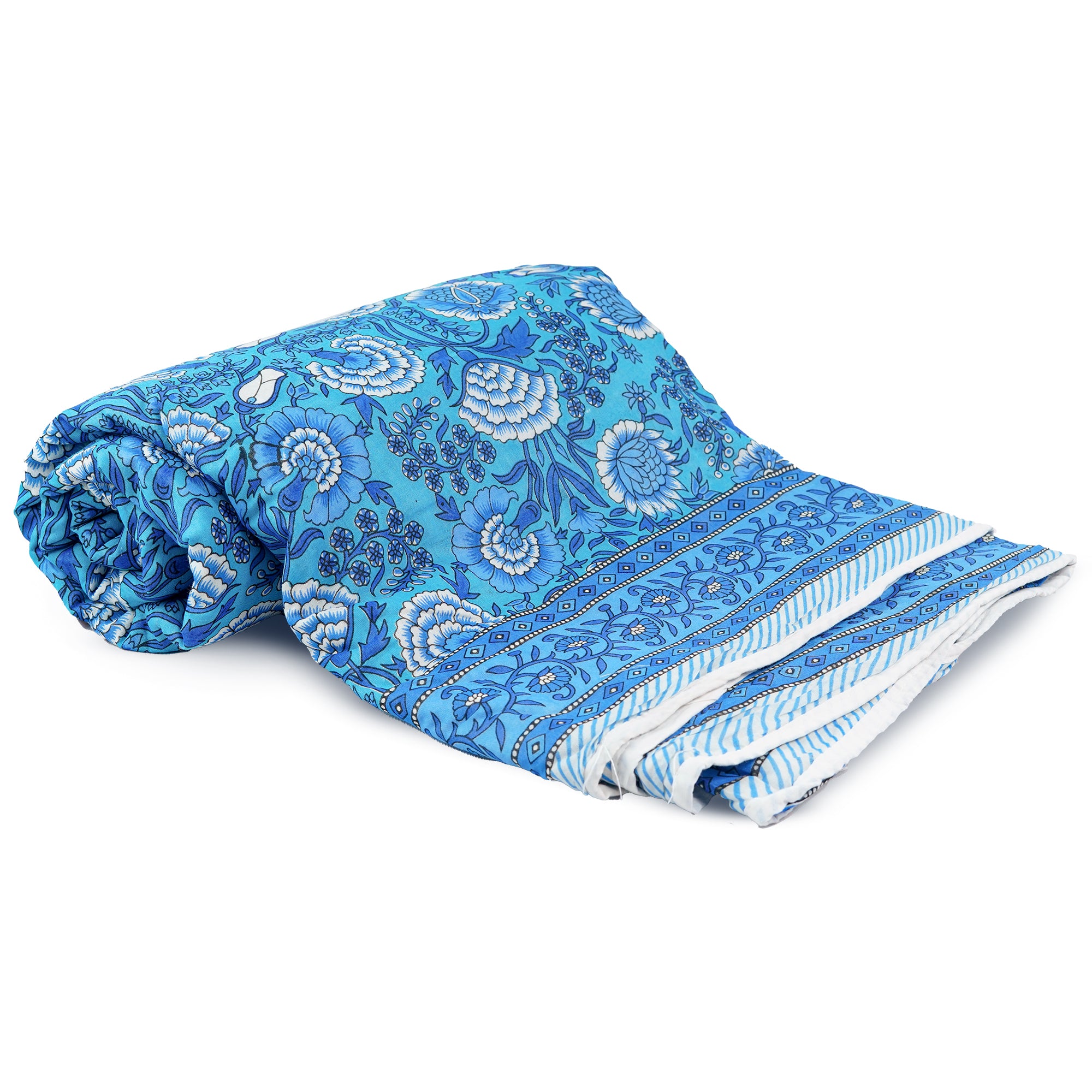 Inizio Cotton Soft Rajasthani Jaipuri Printed Reversible Dohar for Queen Size Bed, Lightweight Blanket for Bedroom, Living Room or Gift (Blue and White)