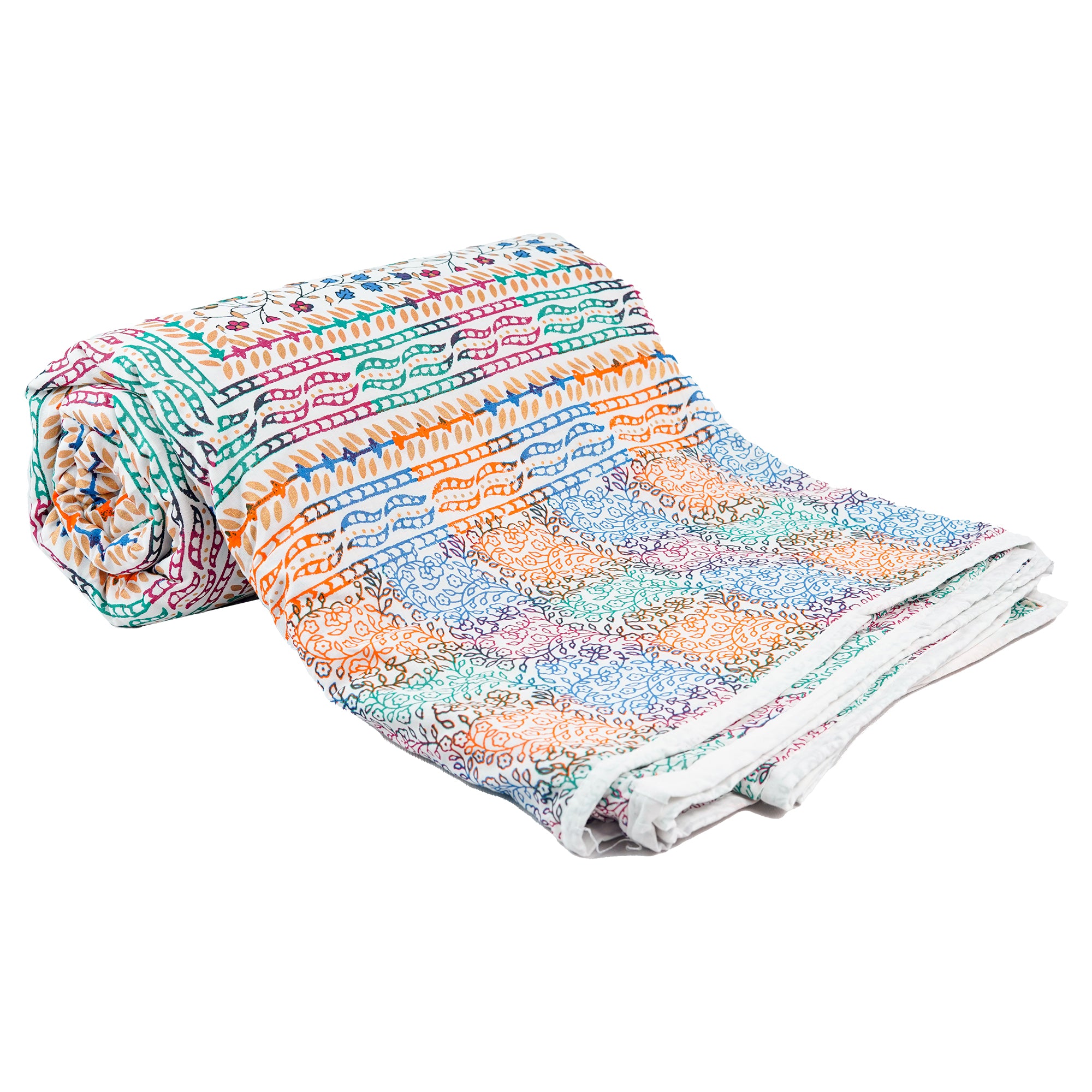 Inizio Cotton Soft Rajasthani Jaipuri Printed Dohar for Queen Size Bed, Lightweight and Comfortable Blanket for Bedroom, Living Room, or Gift (White Base with Multicolor)