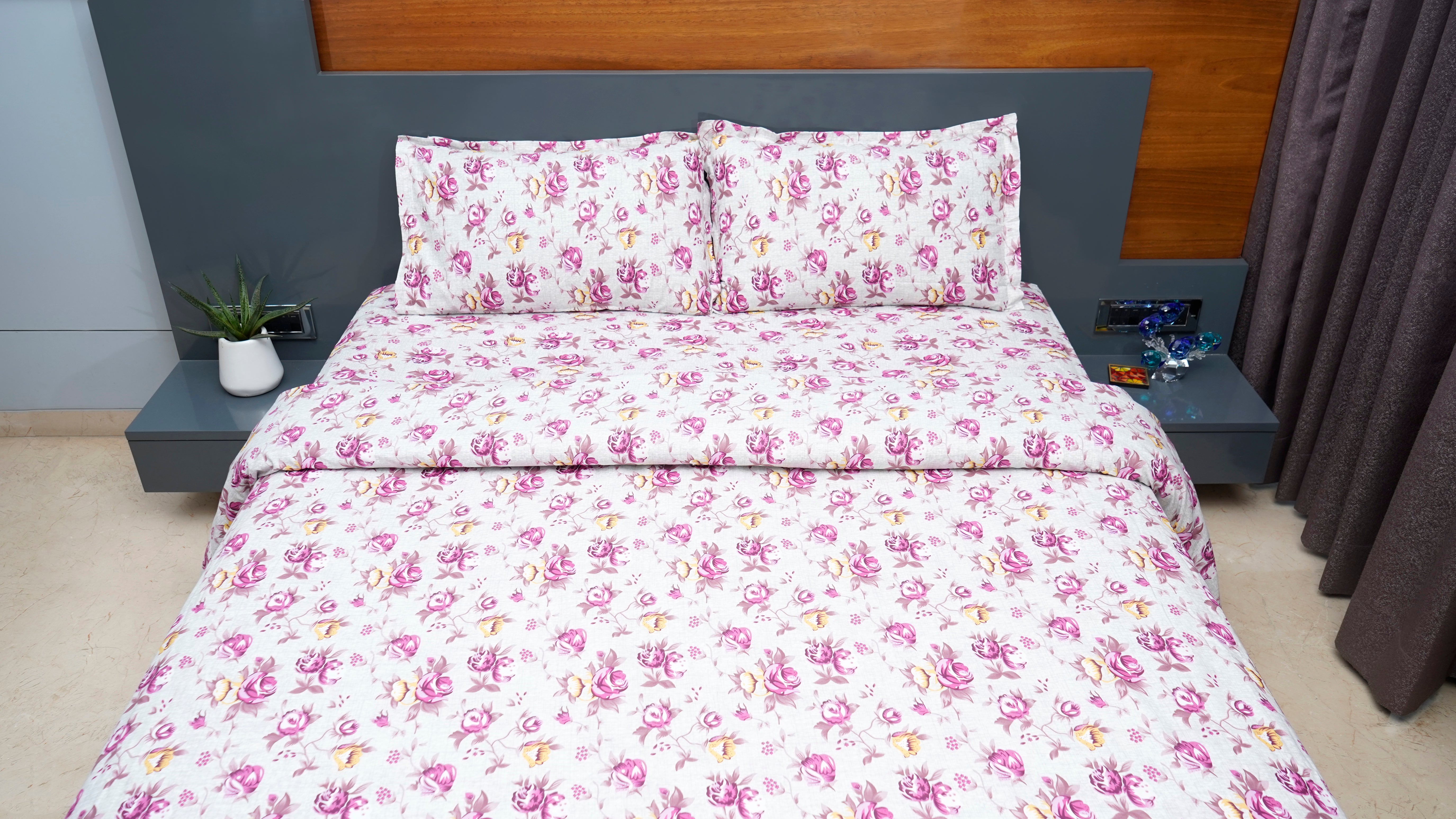 Light ash grey with Pink Rose Flower double bedsheet with pillow cover