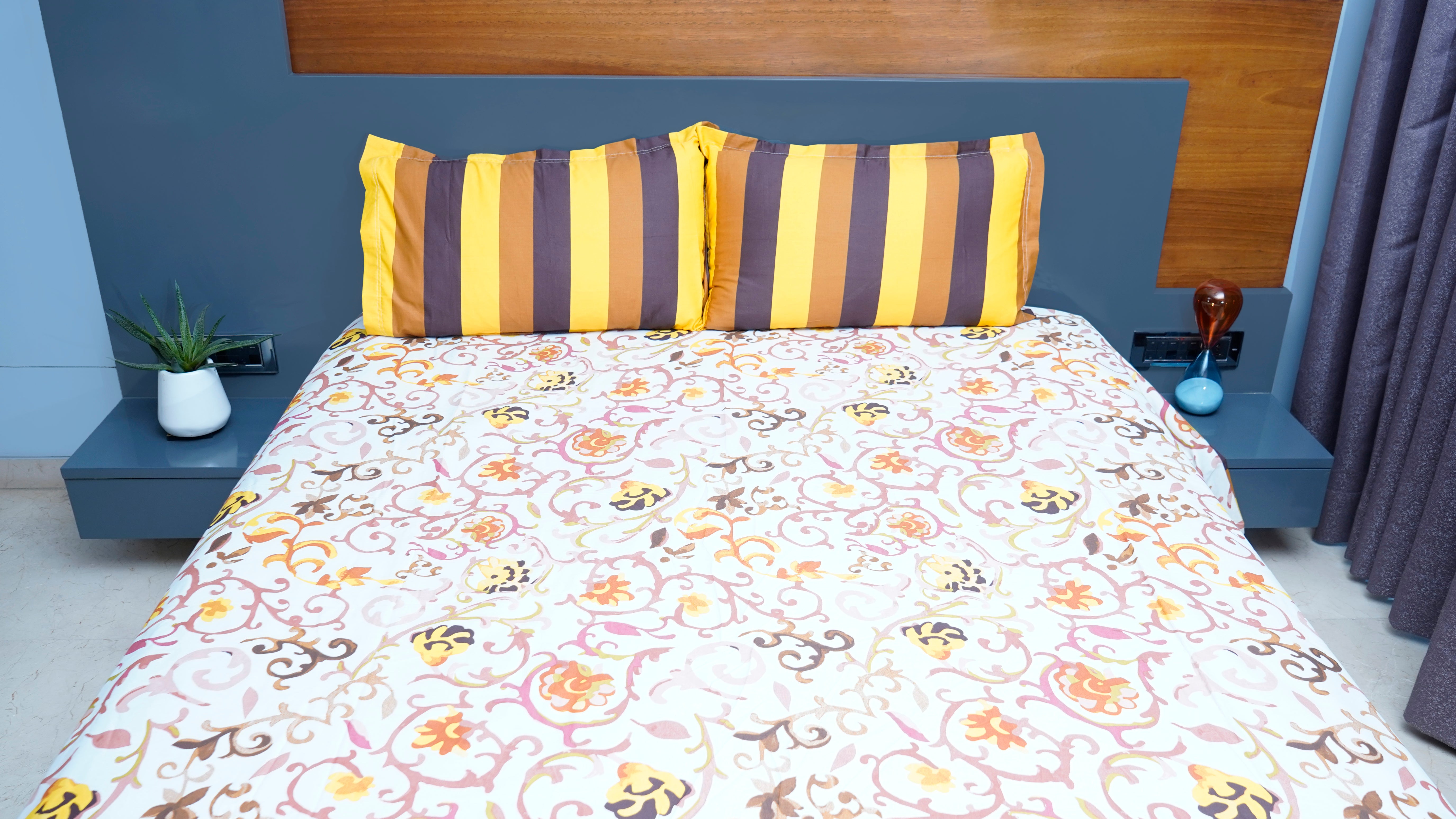 Floral Yellow Brown Stripes 100% Cotton King Size Bedsheets with two pillow covers