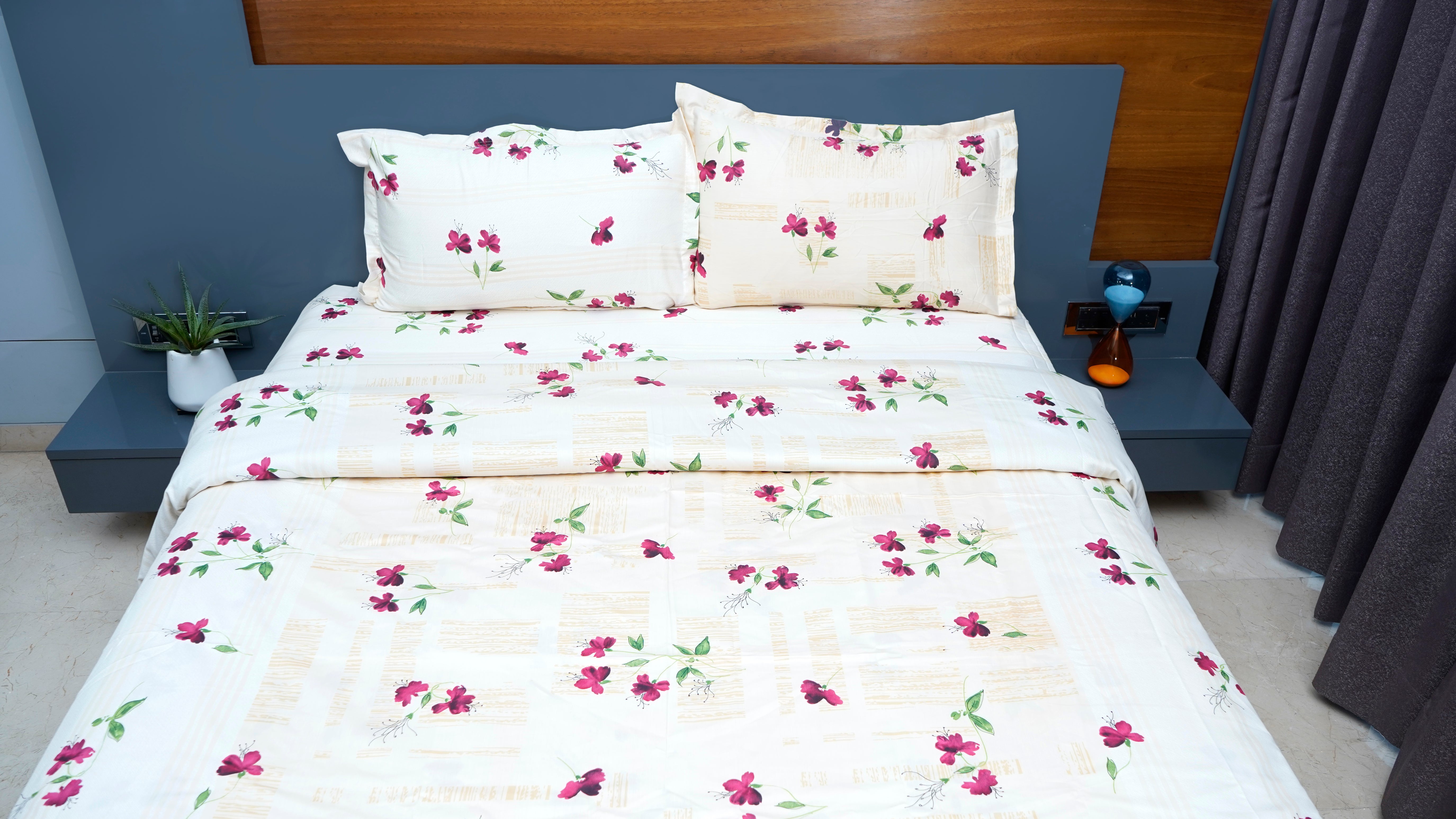 Light Cream with Purple Hibiscus Floral 100% Cotton King Size Double Bedsheets with two pillow covers