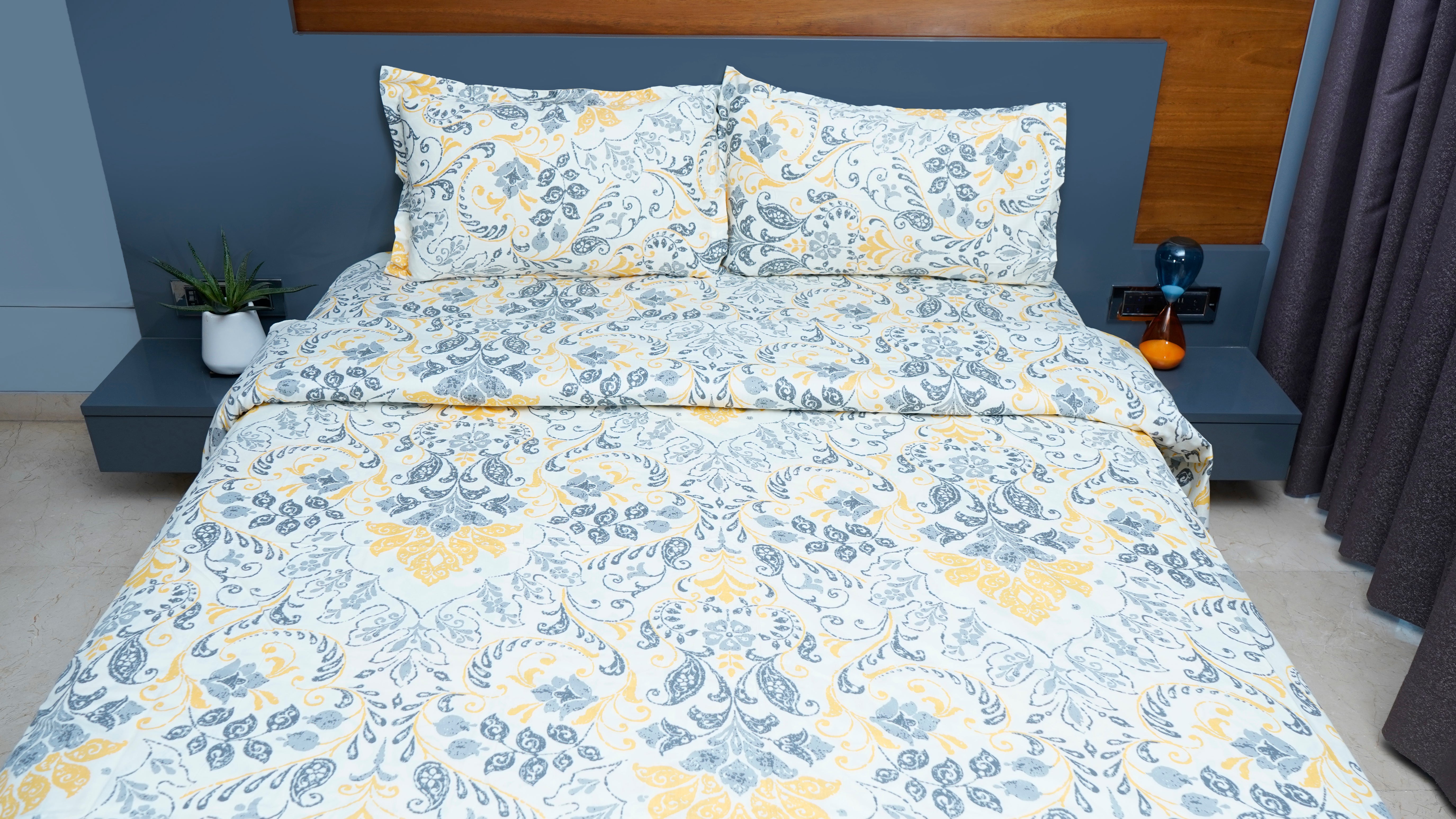 Off White with Grey & Yellow Floral 100% Cotton King Size Double Bedsheet with two pillow covers