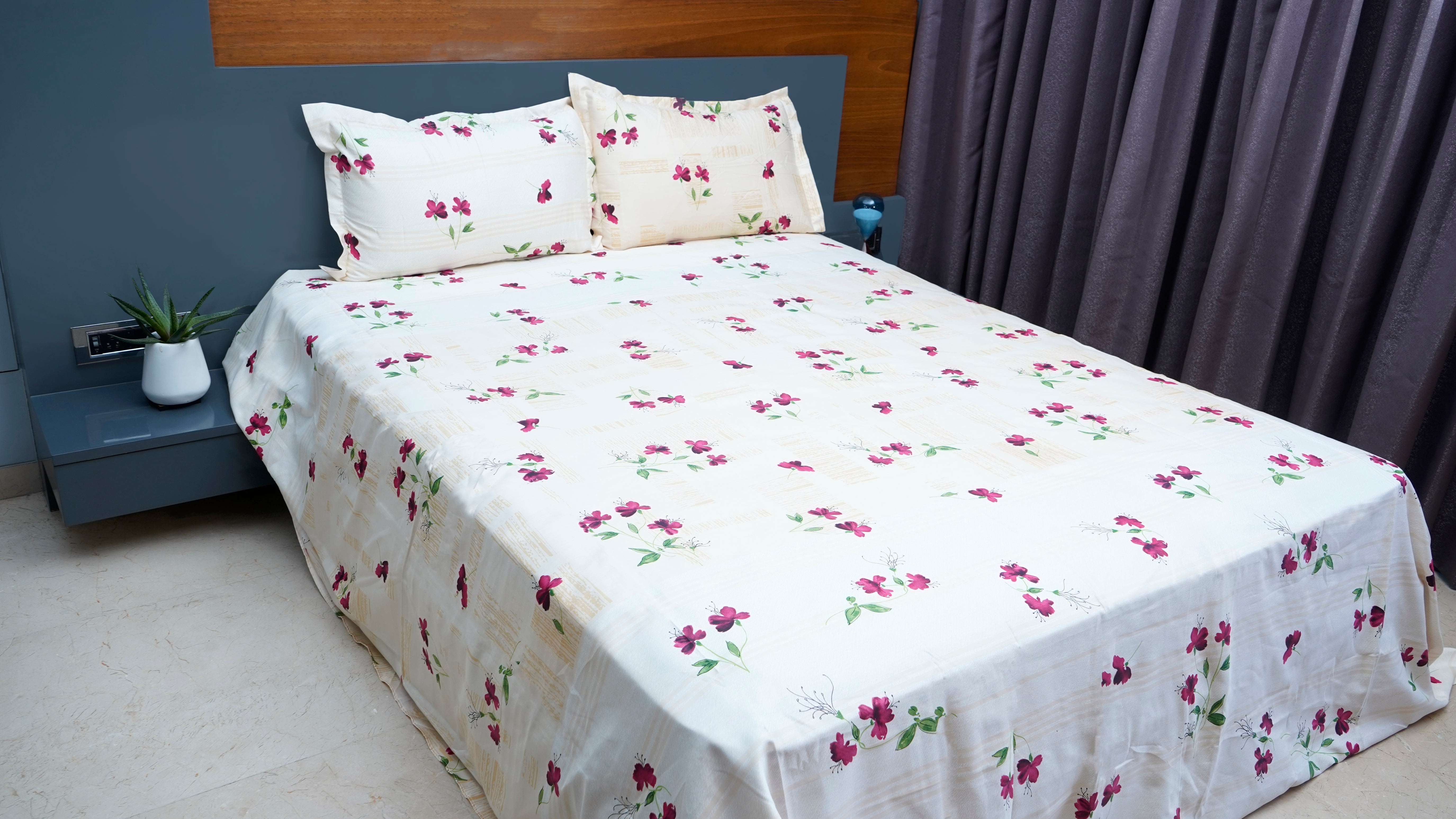 Light Cream with Purple Hibiscus Floral 100% Cotton King Size Double Bedsheets with two pillow covers
