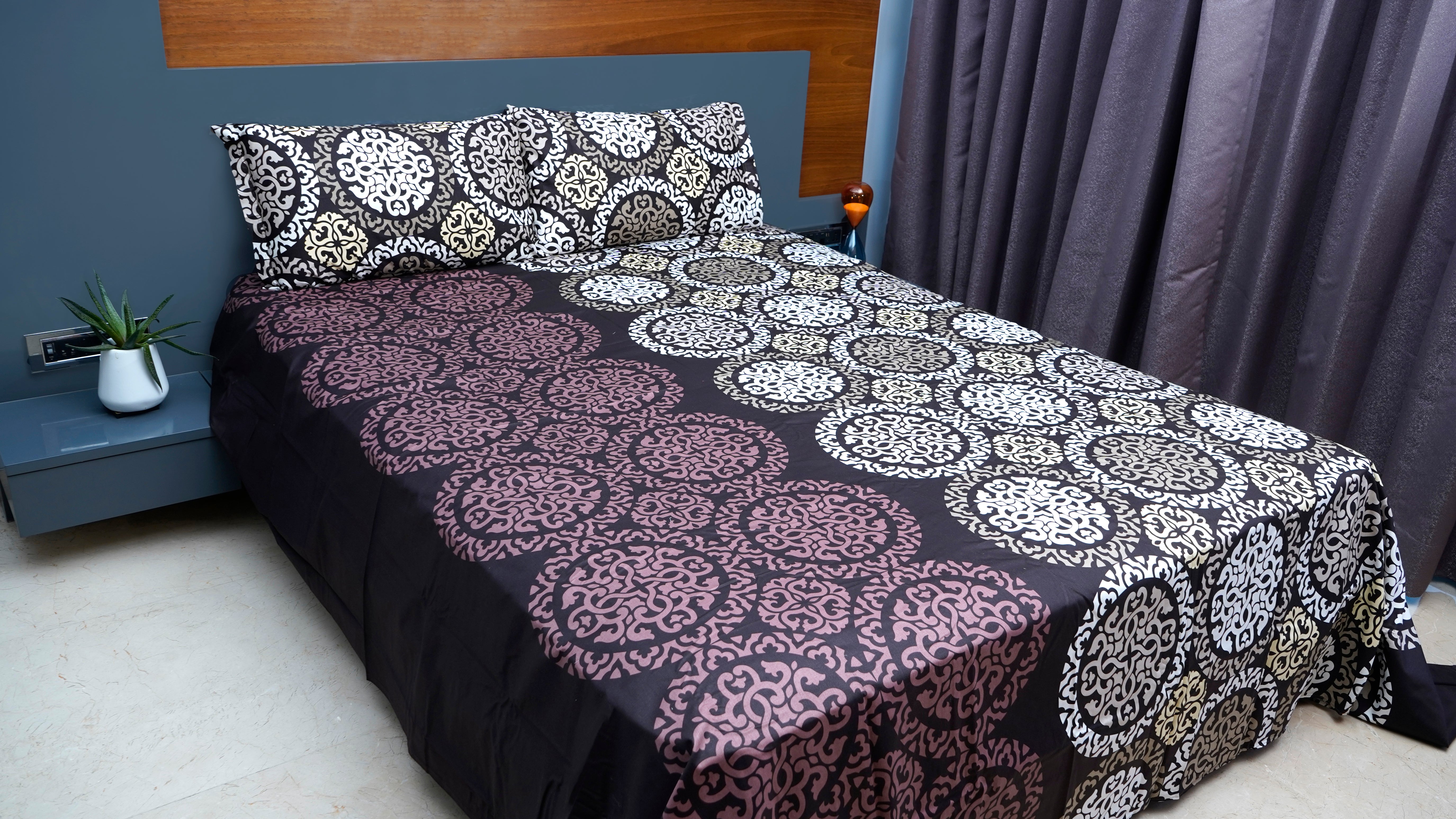 Cream and Brown Circular Motif 100% Cotton King Size Double Bedsheet with two pillow covers