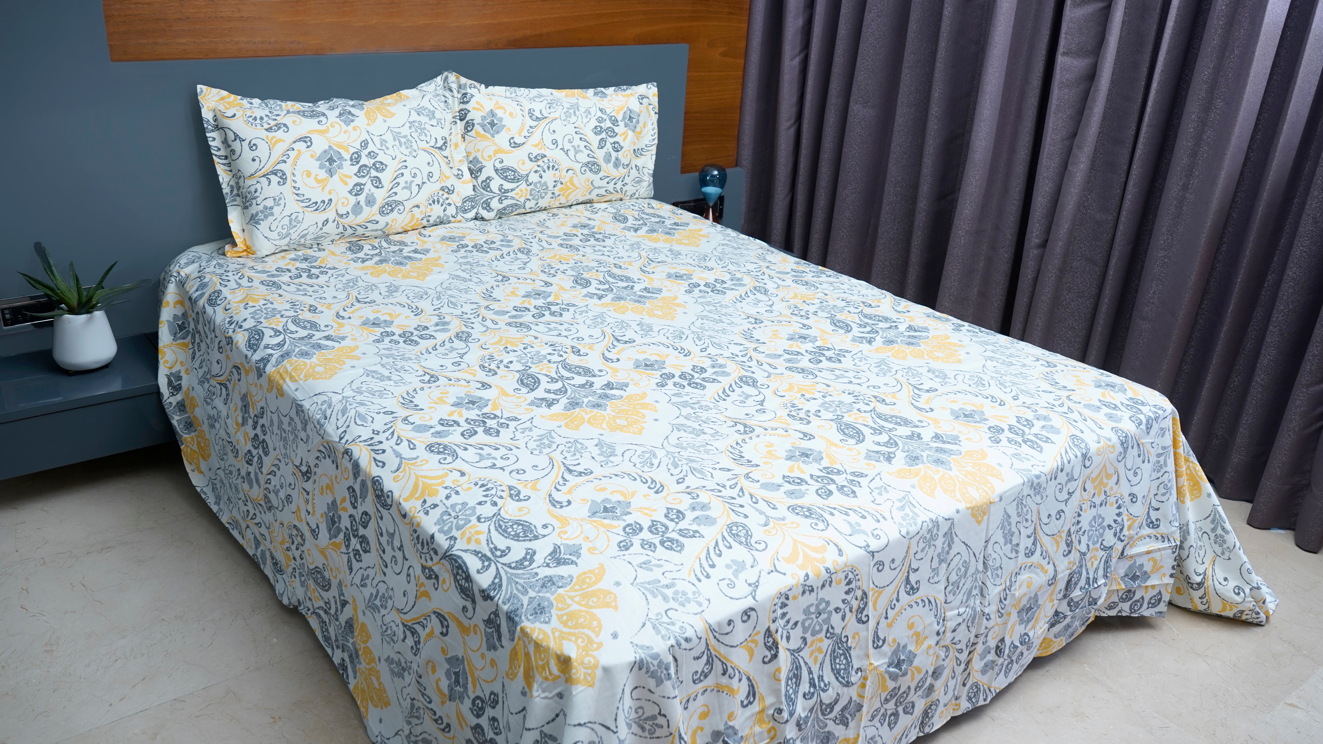 Off White with Grey & Yellow Floral 100% Cotton King Size Double Bedsheet with two pillow covers