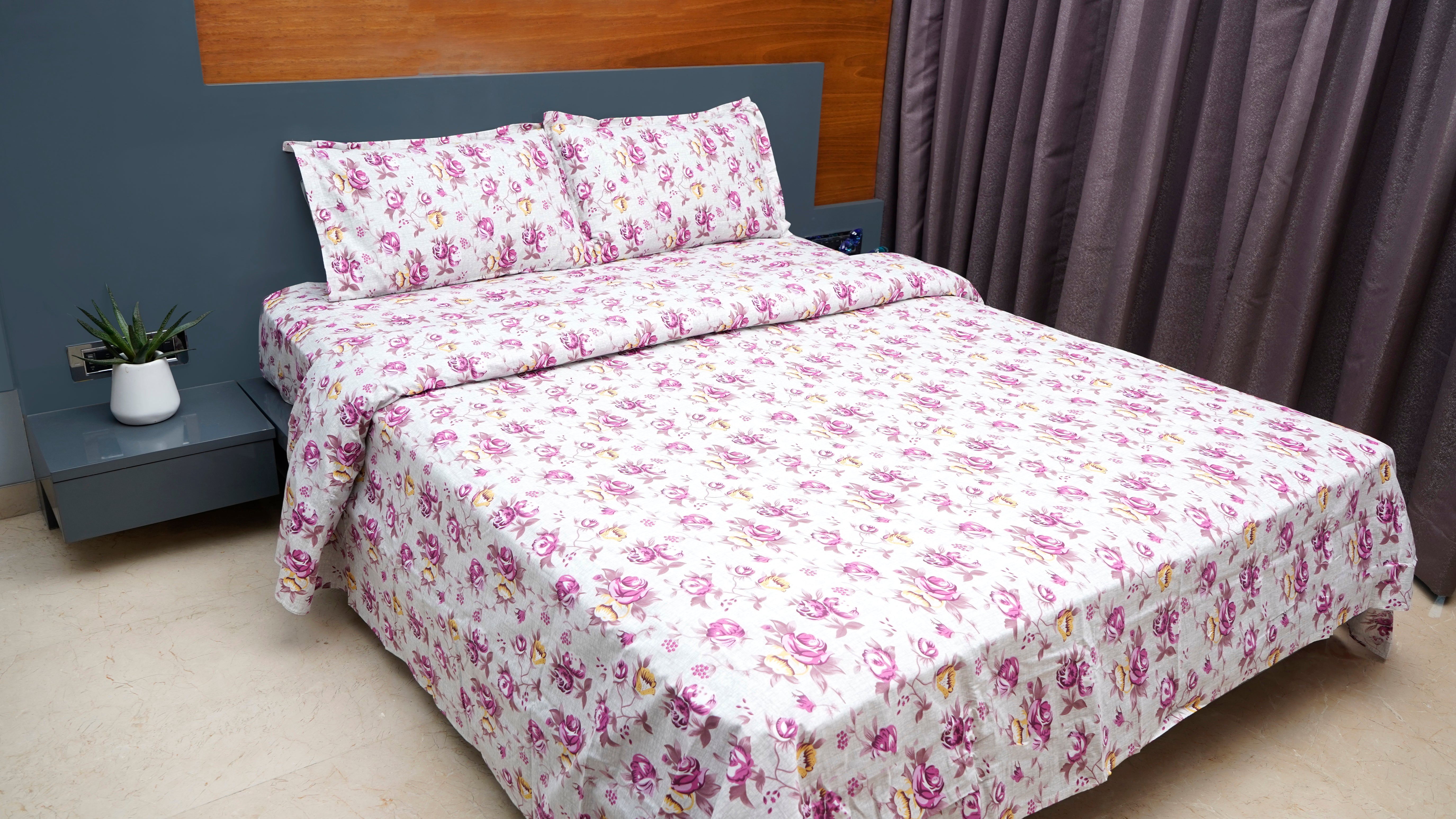 Light ash grey with Pink Rose Flower double bedsheet with pillow cover