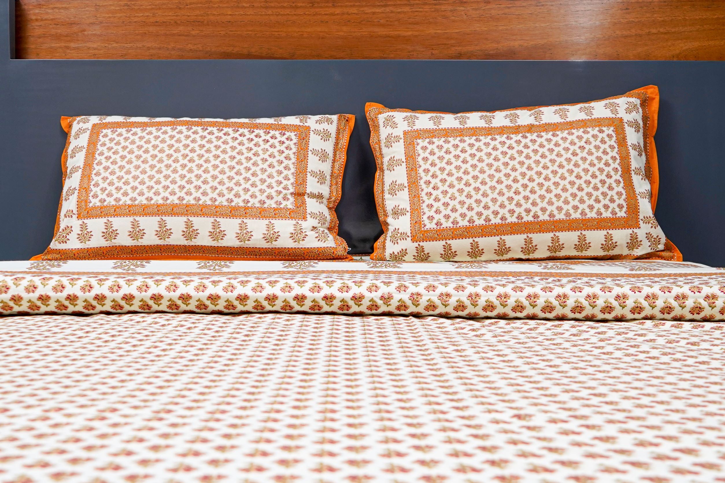 Inizio Rajasthani Sanganeri Bagru Floral Printed Queen Size Bedsheet Along with 2 Super Soft Pillow Covers Pure Cotton Skin Friendly Ethnic Jaipuri Design Combo of Cream & Mustard