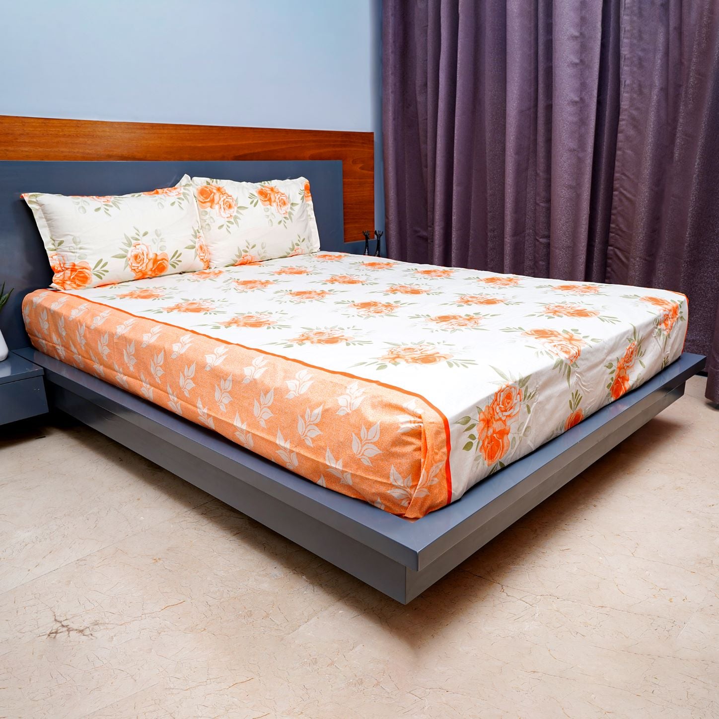 Floral Print Cotton Bedsheet for Queen Size Bed, Ultra Soft Lightweight Breathable & Wrinkle Free comes with 2 Pillow Covers