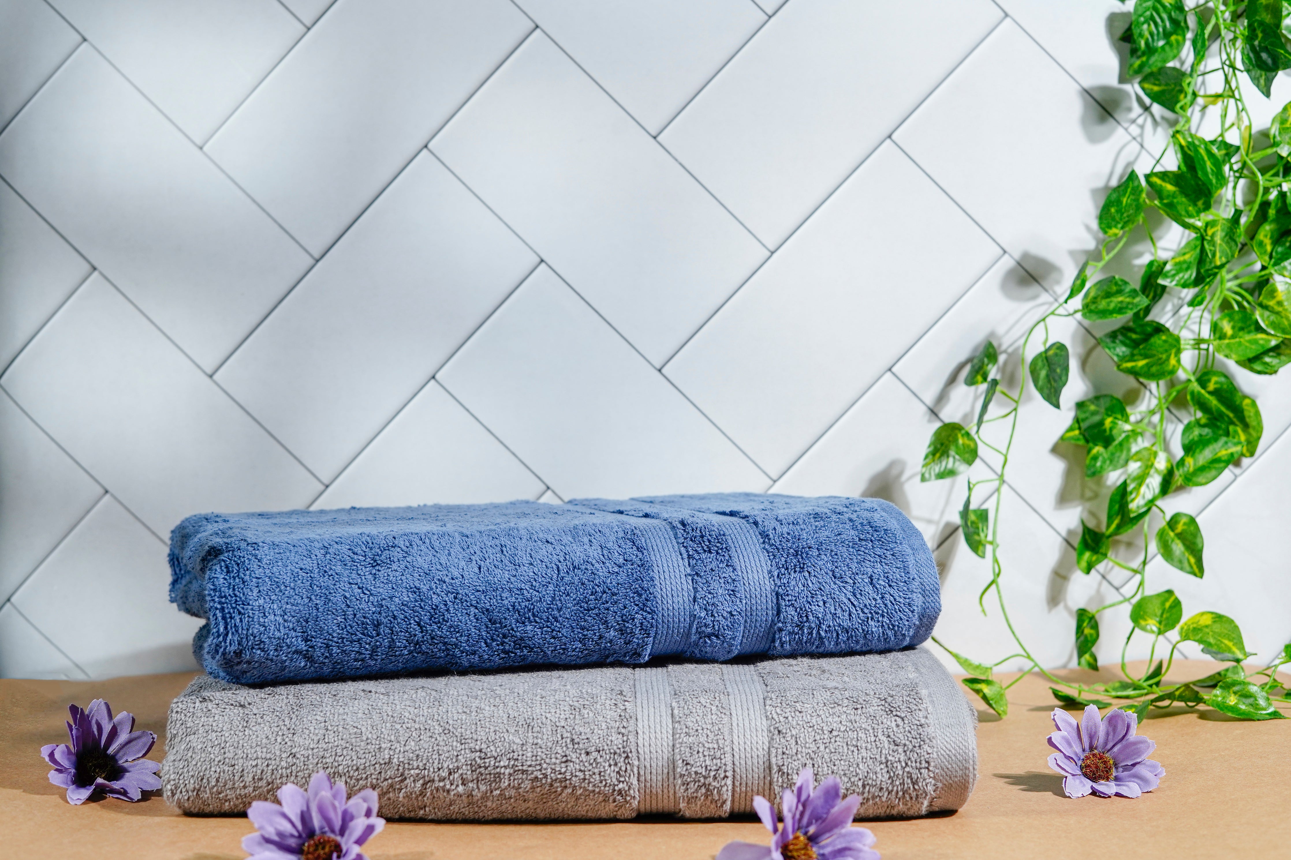 Grey and Blue Terry Bath Towel 600 GSM