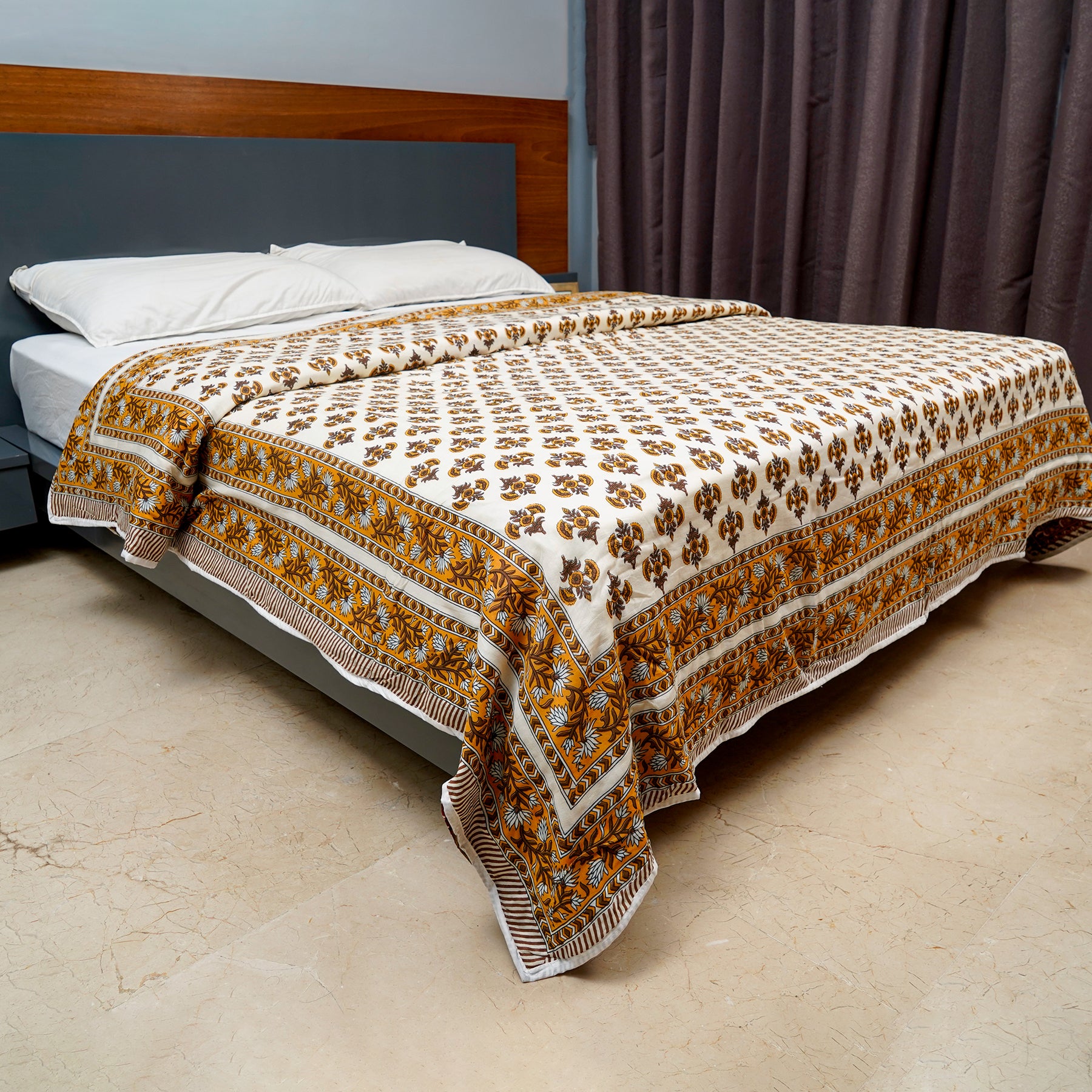 Inizio Cotton Double Bed AC Dohar Reversible Two Side Mulmul Printed Rajasthani Blanket Rajai with Hand Block Border Pattern Elegant and Ultra-Soft