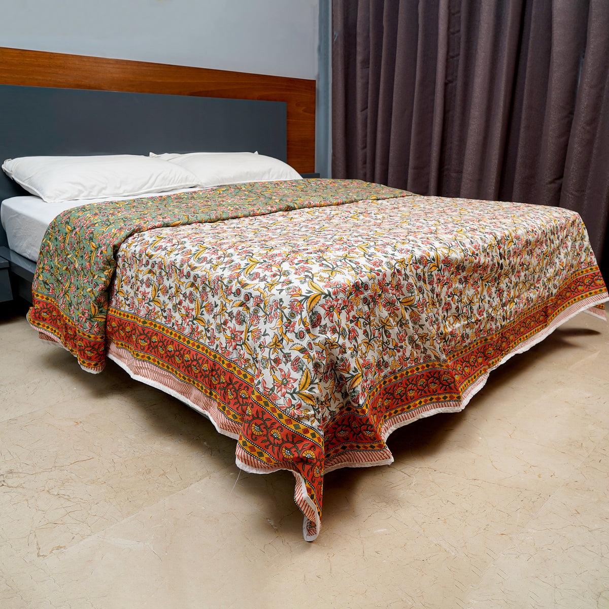Inizio Cotton Lightweight Reversible Double Bed Dohar Jaipuri Floral Printed AC Blanket All Season Duvet Comforter