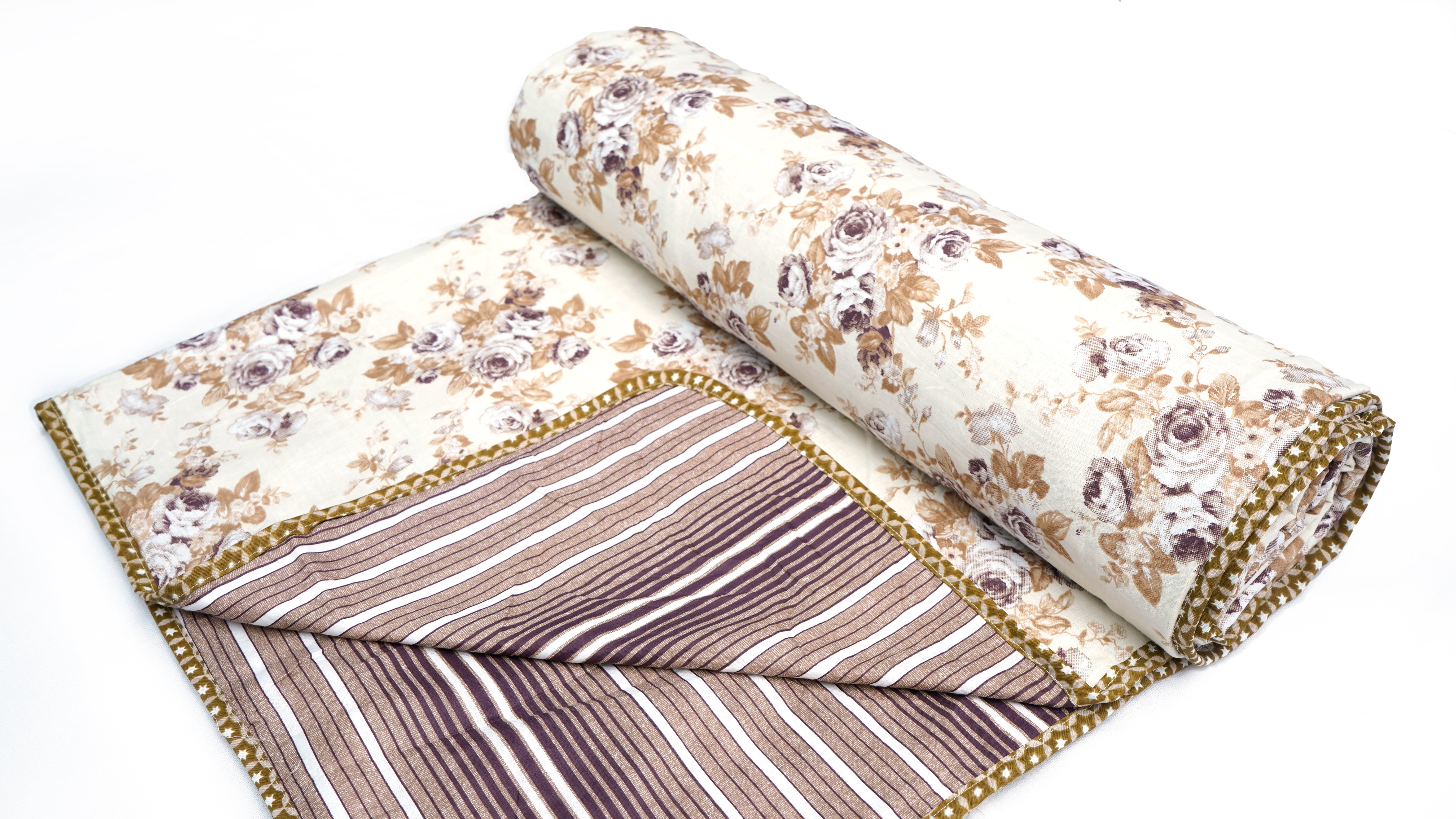 100% Cotton Reversible Single Dohar/AC Blankets 200 GSM with Brown stripes and Floral prints