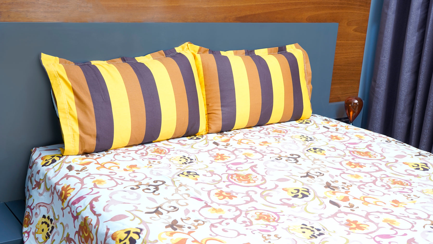 Floral Yellow Brown Stripes 100% Cotton King Size Bedsheets with two pillow covers