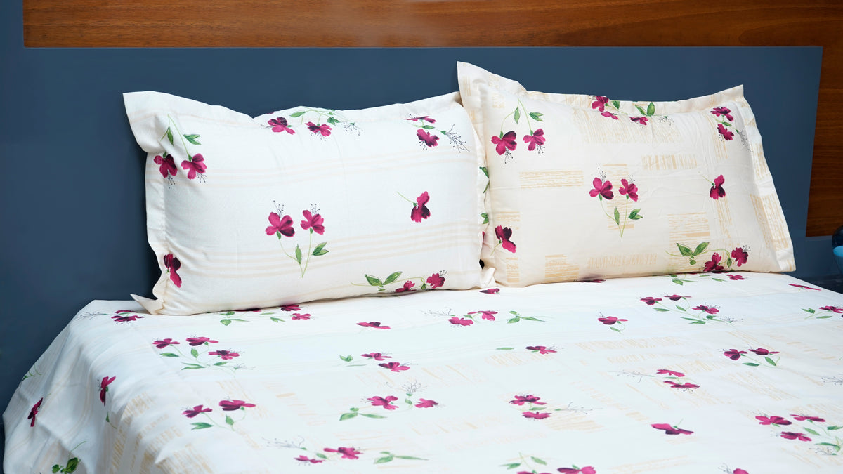 Light Cream with Purple Hibiscus Floral 100% Cotton King Size Double Bedsheets with two pillow covers