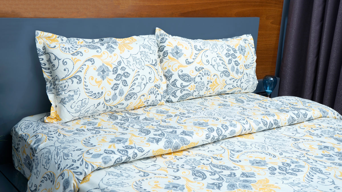 Off White with Grey & Yellow Floral 100% Cotton King Size Double Bedsheet with two pillow covers