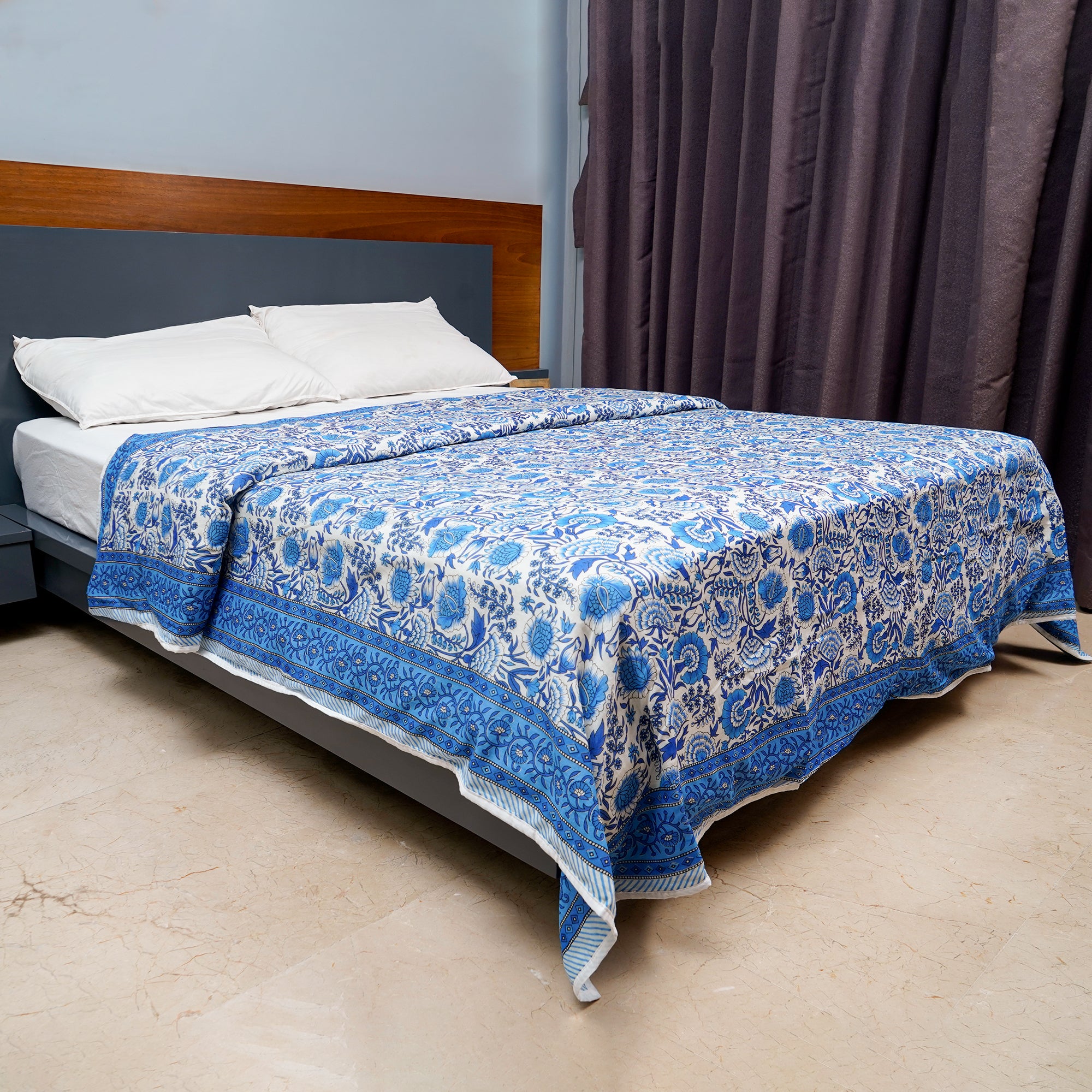 Inizio Cotton Soft Rajasthani Jaipuri Printed Reversible Dohar for Queen Size Bed, Lightweight Blanket for Bedroom, Living Room or Gift (Blue and White)