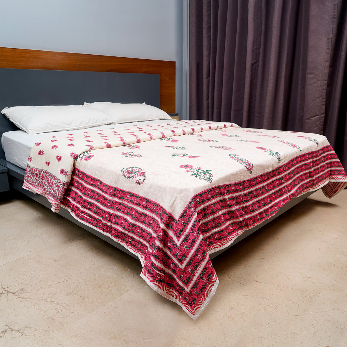 Inizio Pure Cotton Reversible Double Bed A/C Dohar Soft Lightweight Breathable Blanket Floral Printed Design Cream & Pink