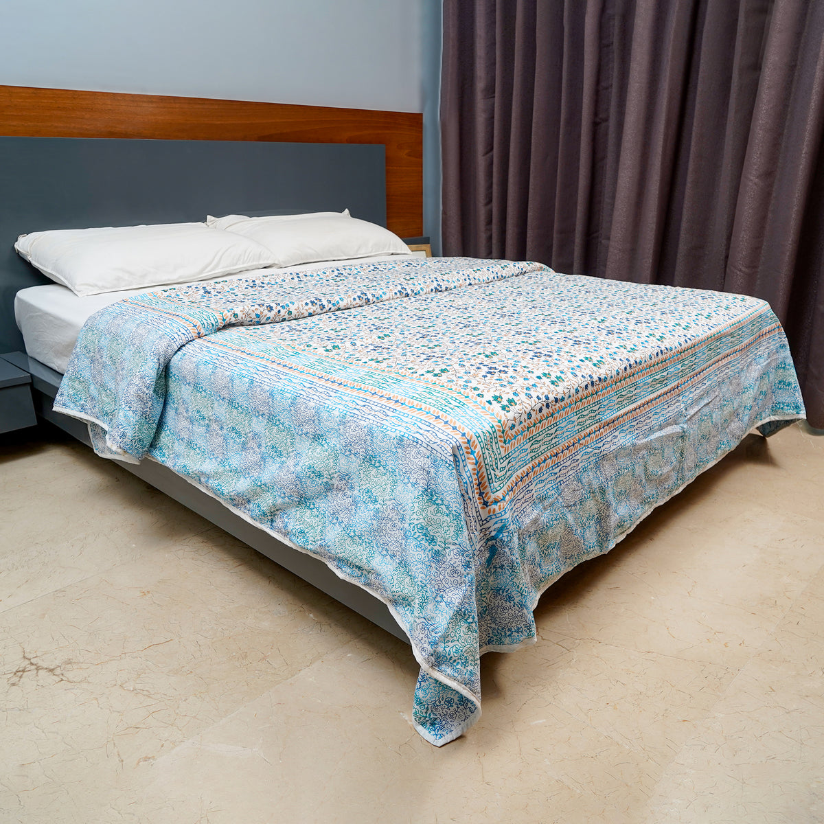 Inizio Cotton Non-Reversible Double Bed Dohar  AC Blanket Hand Block Printed with Floral Design Soft & Comfortable Quilt