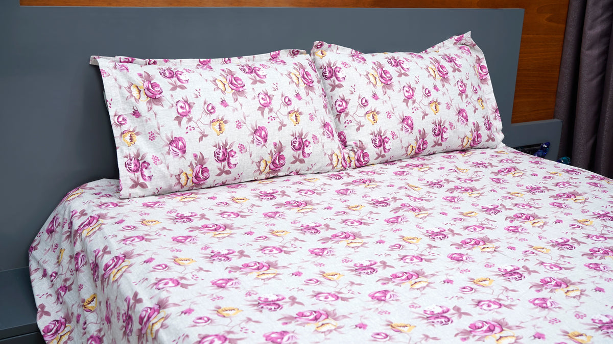 Light ash grey with Pink Rose Flower double bedsheet with pillow cover