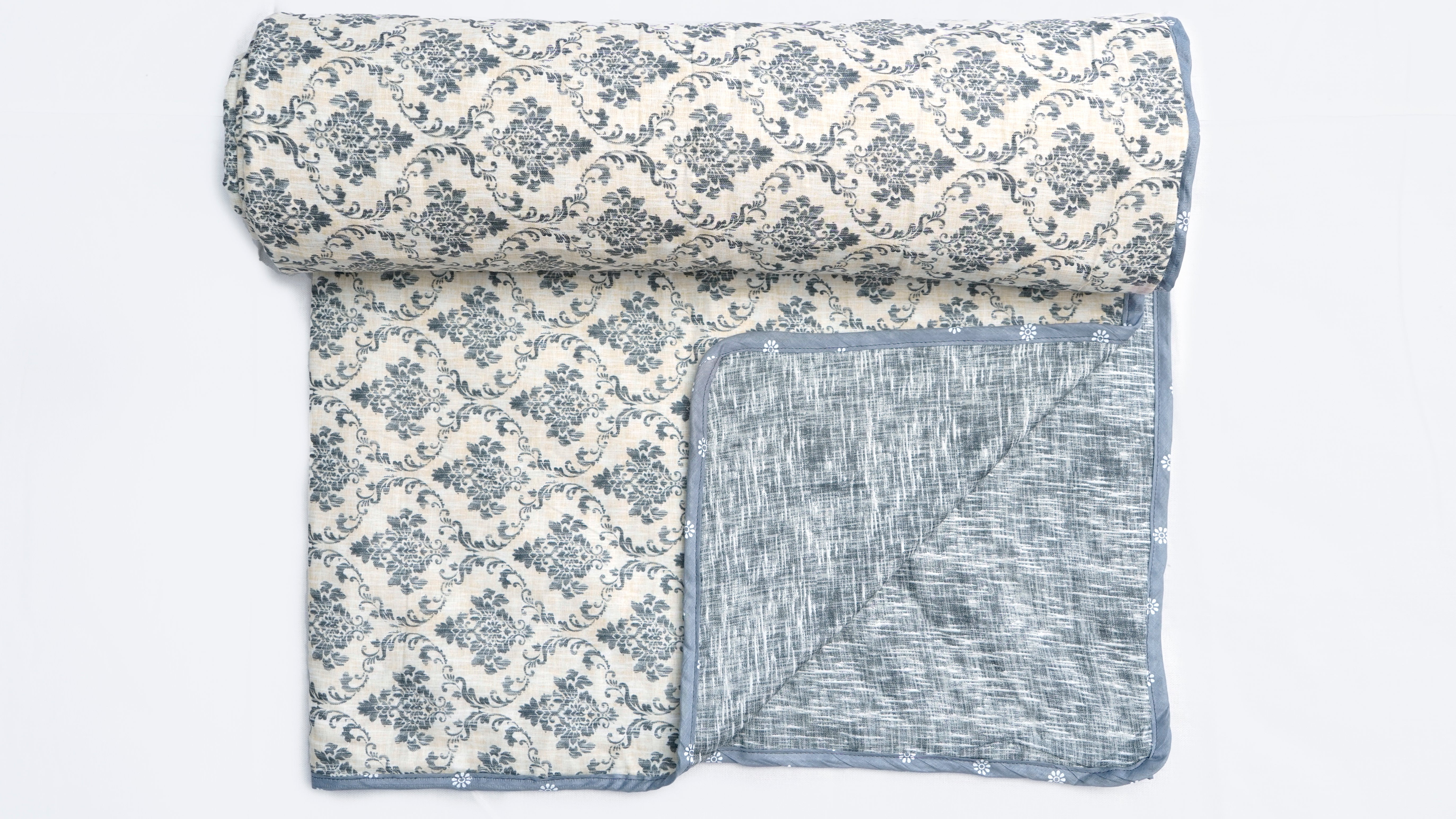 100% Cotton Reversible Single Dohar/AC Blankets with Kadi Grey and Cream Floral Print