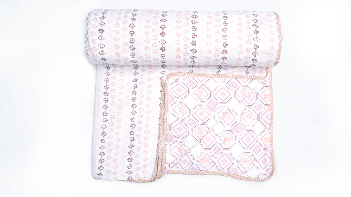 100% Cotton Reversible Single Dohar/AC Blankets with White and Pink Small Buti Print