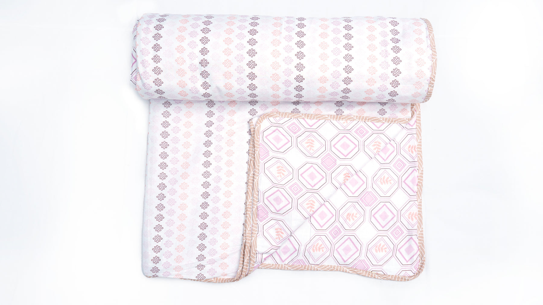 100% Cotton Reversible Single Dohar/AC Blankets with White and Pink Small Buti Print