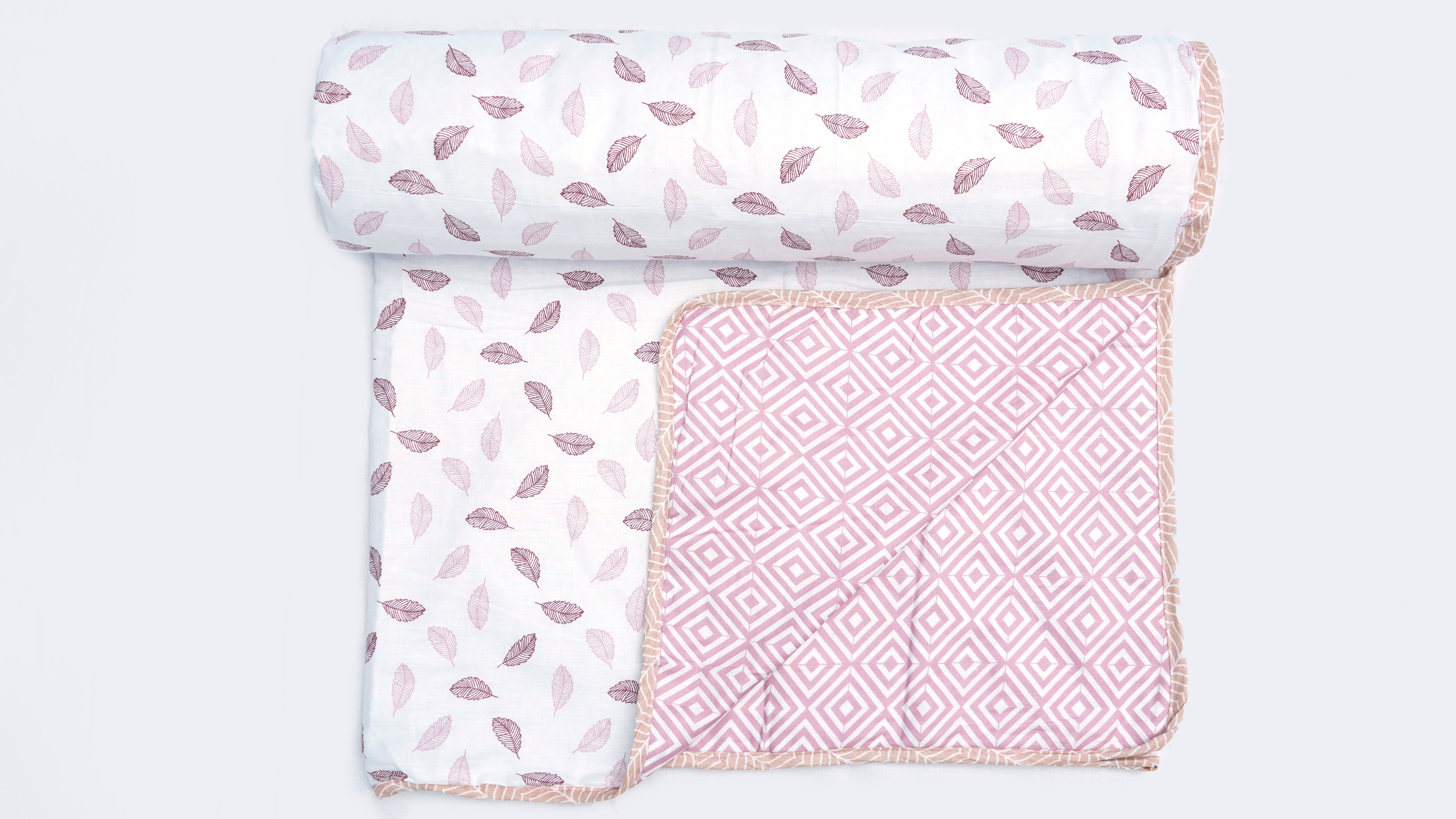 100% Cotton reversible single size Dohar/AC Blankets with Geometrical Pink and White Leaf Print