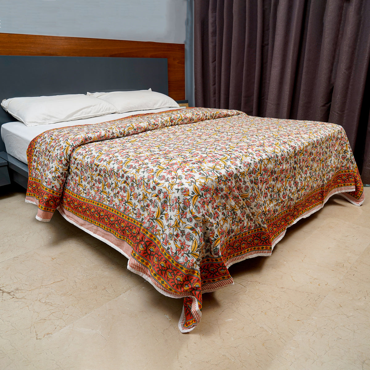 Inizio Cotton Lightweight Reversible Double Bed Dohar Jaipuri Floral Printed AC Blanket All Season Duvet Comforter