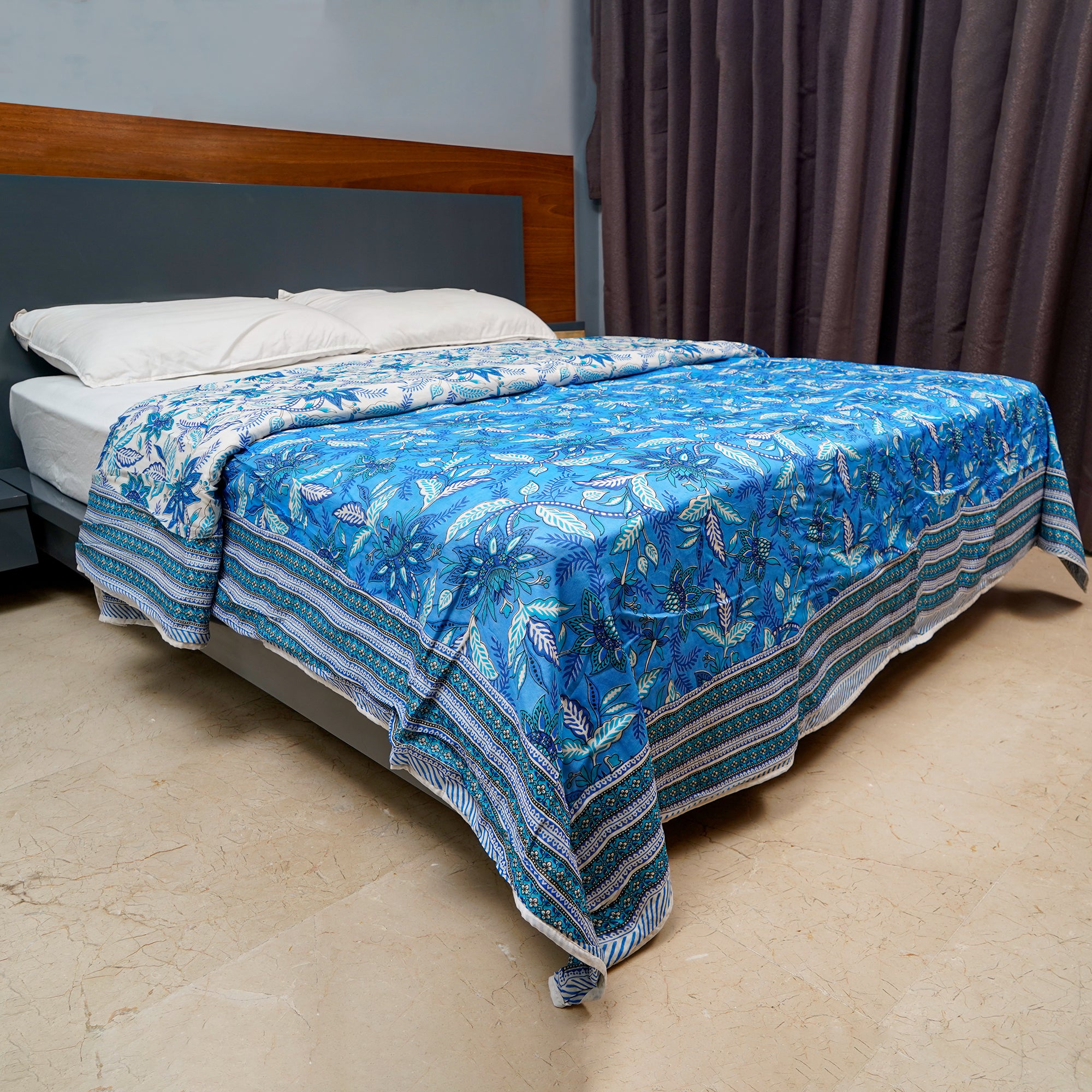 Inizio Pure Cotton Reversible Dohar for Double Bed AC Comforter Razai Comfy Lightweight Blanket Jaipuri Hand Block Floral Design