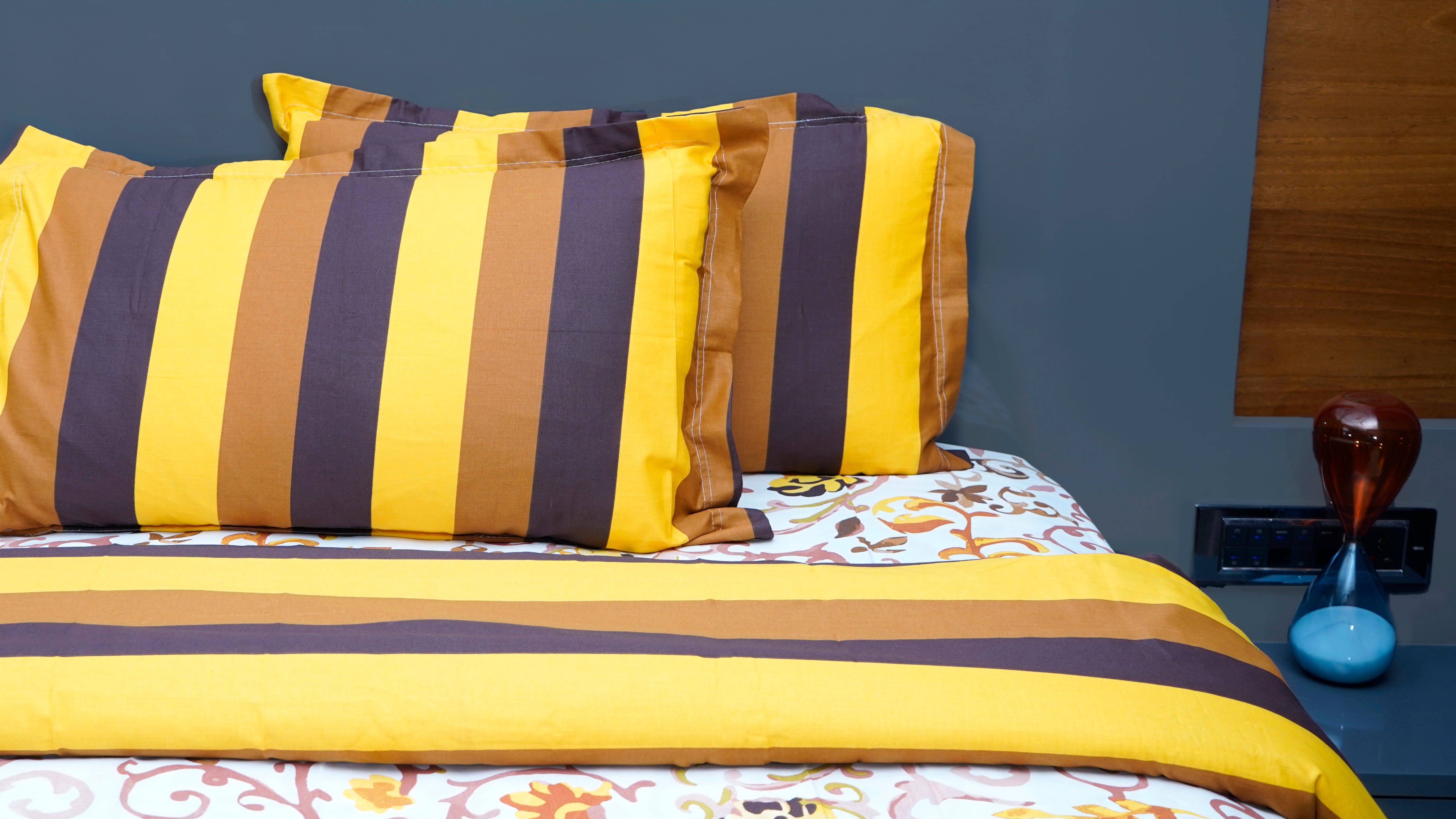 Floral Yellow Brown Stripes 100% Cotton King Size Bedsheets with two pillow covers