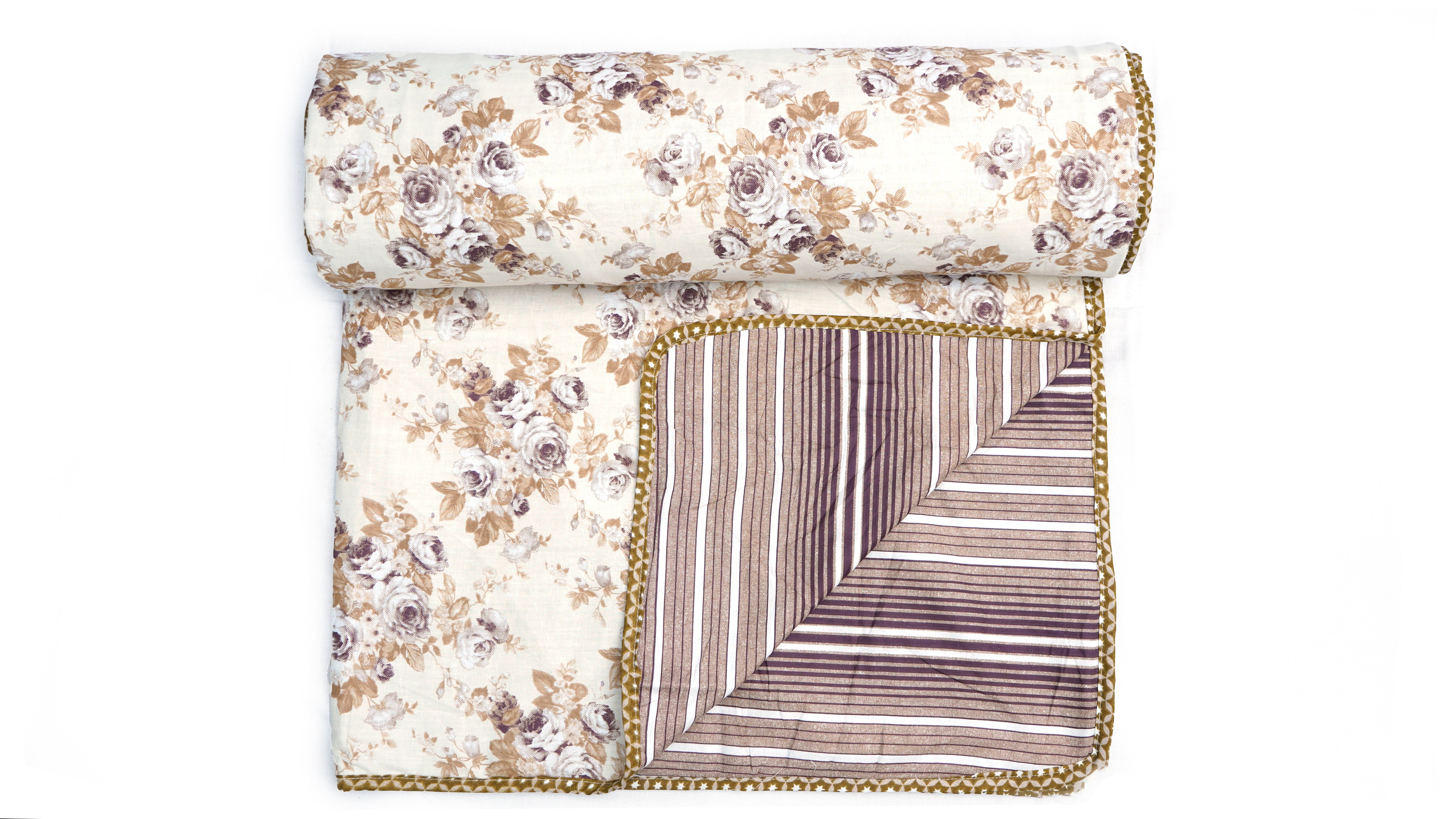 100% Cotton Reversible Single Dohar/AC Blankets 200 GSM with Brown stripes and Floral prints