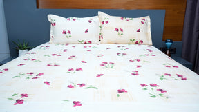 Light Cream with Purple Hibiscus Floral 100% Cotton King Size Double Bedsheets with two pillow covers