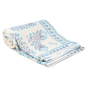 Inizio Soft Cotton Rajasthani Jaipuri Pattern Reversible and Breathable Fabric Dohar for Queen Size Bed, Lightweight AC Blanket for Indoor and Outdoor Use (Blue and Off White)